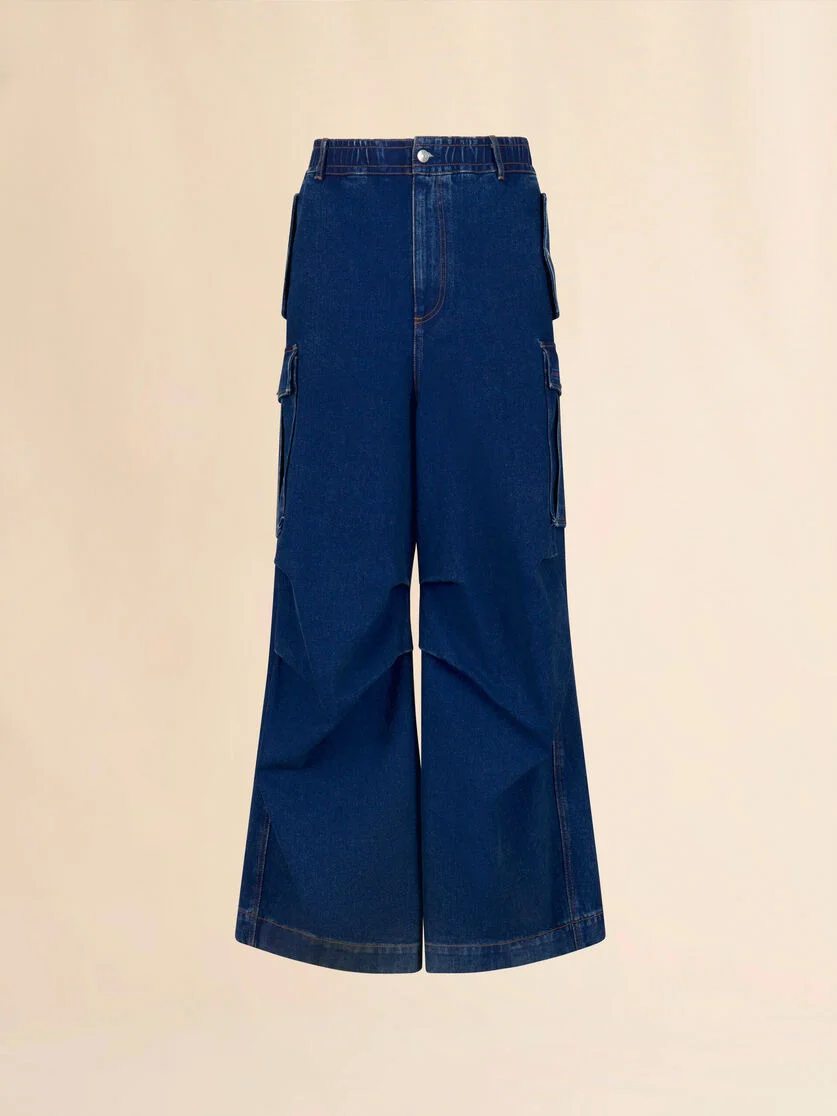 BLUE DENIM CARGO PANTS WITH TRUNKAROO LOGO - 1
