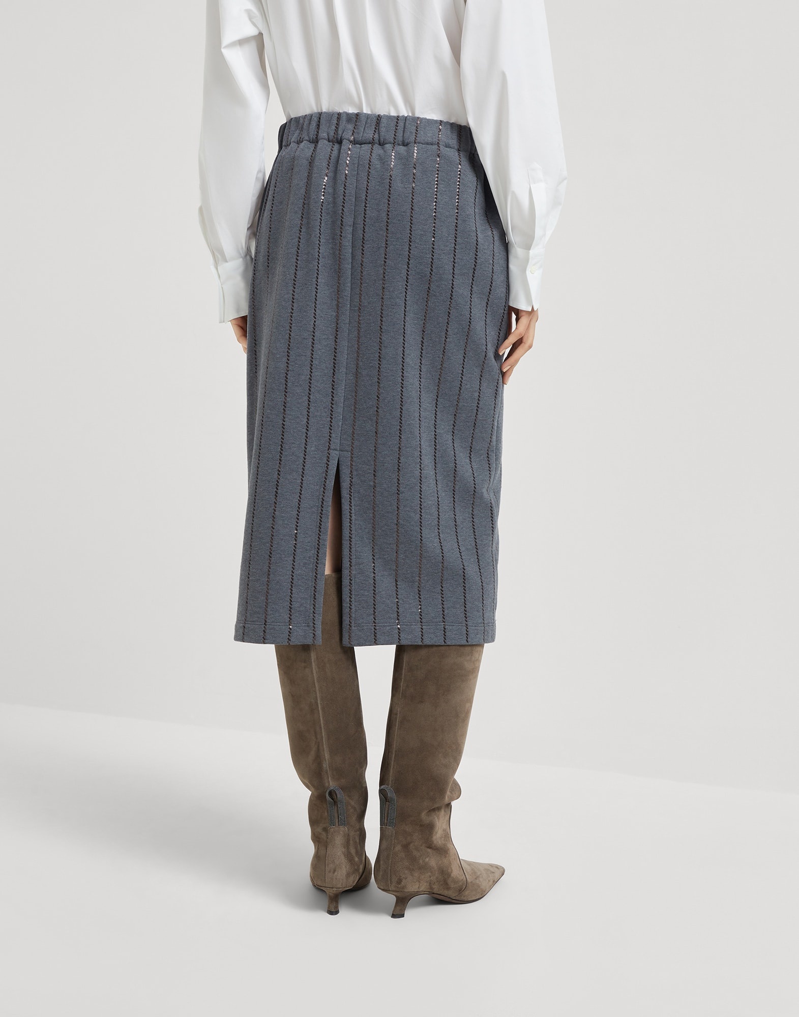 Cotton smooth French terry midi skirt with dazzling chalk stripe embroidery - 2