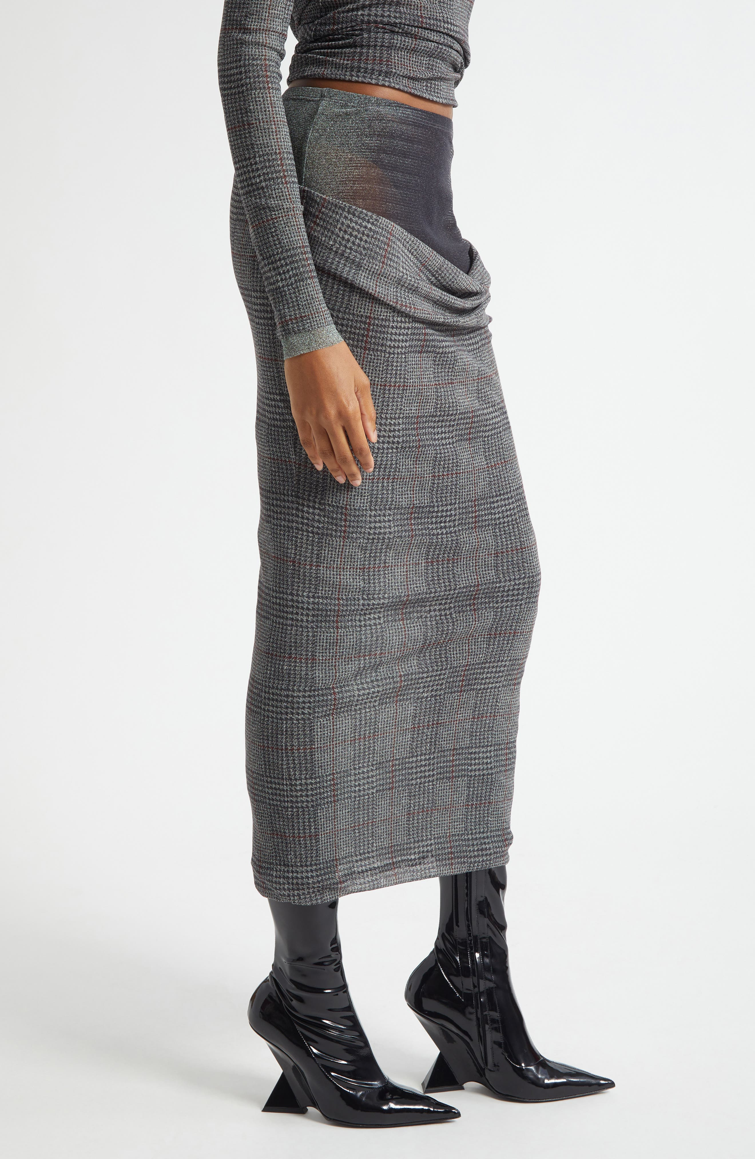 Jean Paul Gaultier Double Layer Prince of Wales Print Mesh Midi Skirt in Light Grey/Vanilla/Red at N - 4