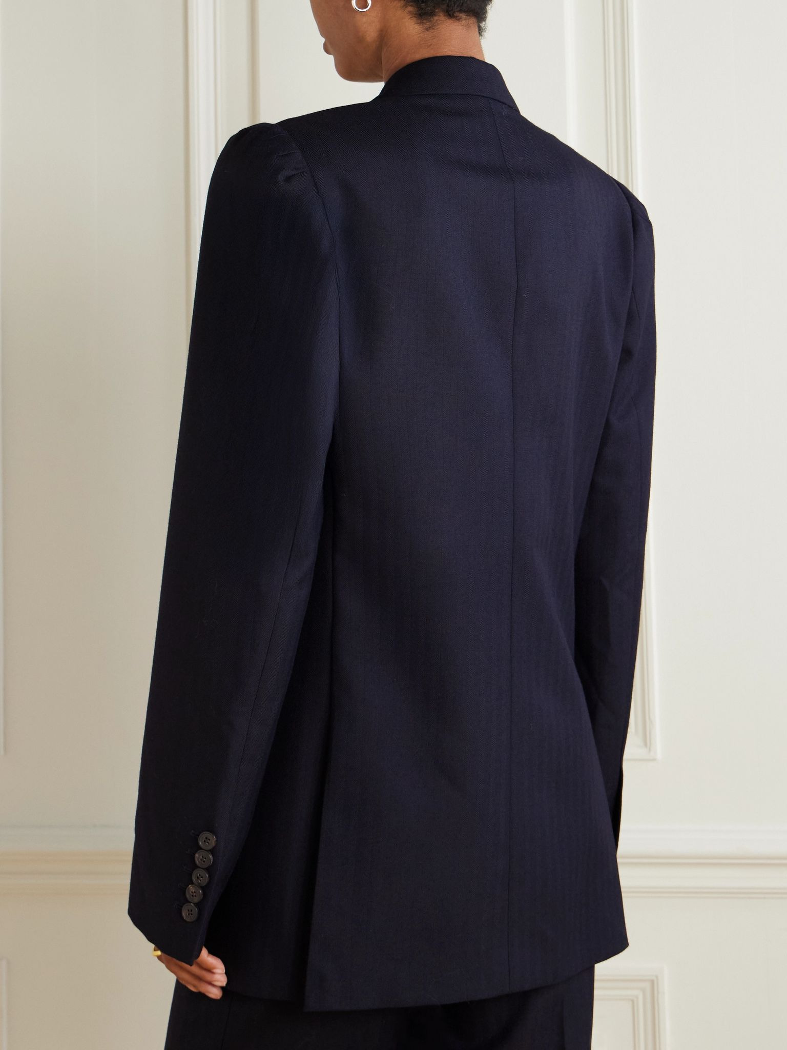 Oversized double-breasted embellished wool herringbone blazer Navy - 4