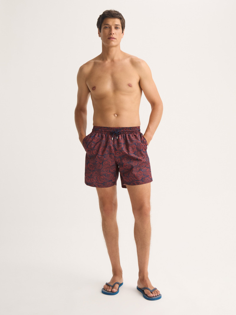 Men's Swim Trunks Maui Navy Blue & Red Rose Print 1