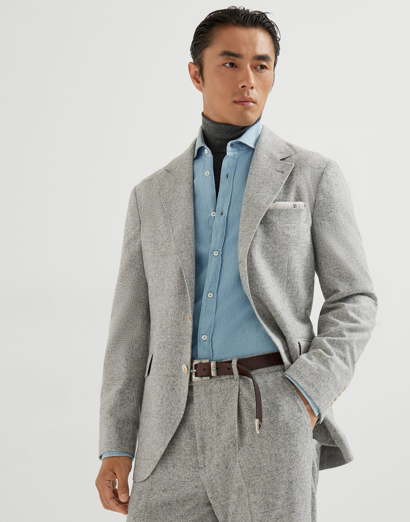 Silk, wool and cashmere flecked Prince of Wales flannel deconstructed blazer 1