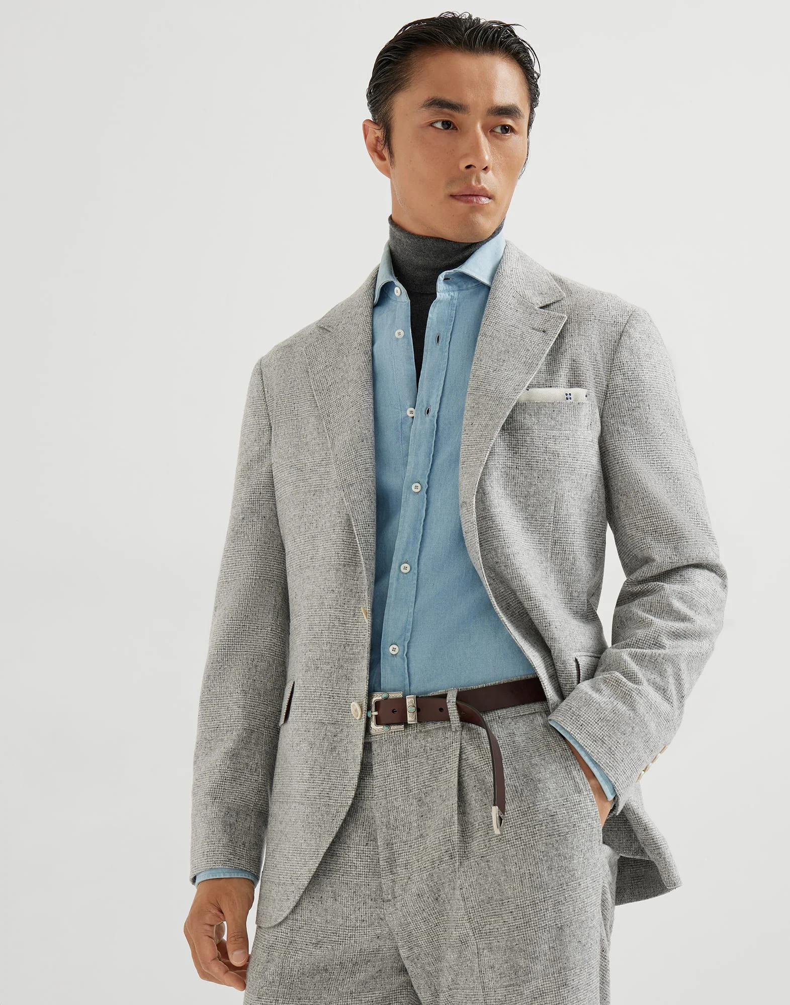 Silk, wool and cashmere flecked Prince of Wales flannel deconstructed blazer - 1