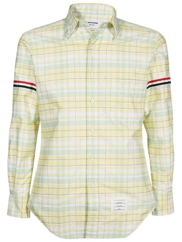 Men's Plaid Three Stripes Armband Oxford Long Sleeve Shirt Yellow - 1