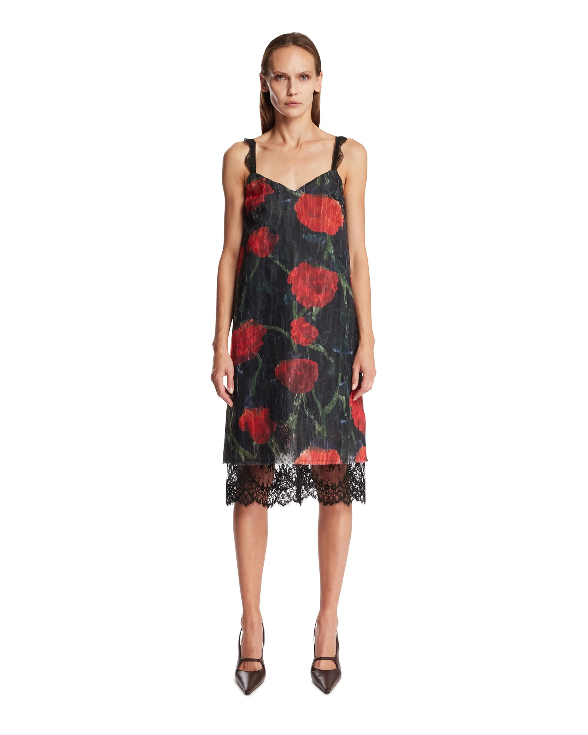 Black Floral Print Midi Dress with Lace Hem - 1