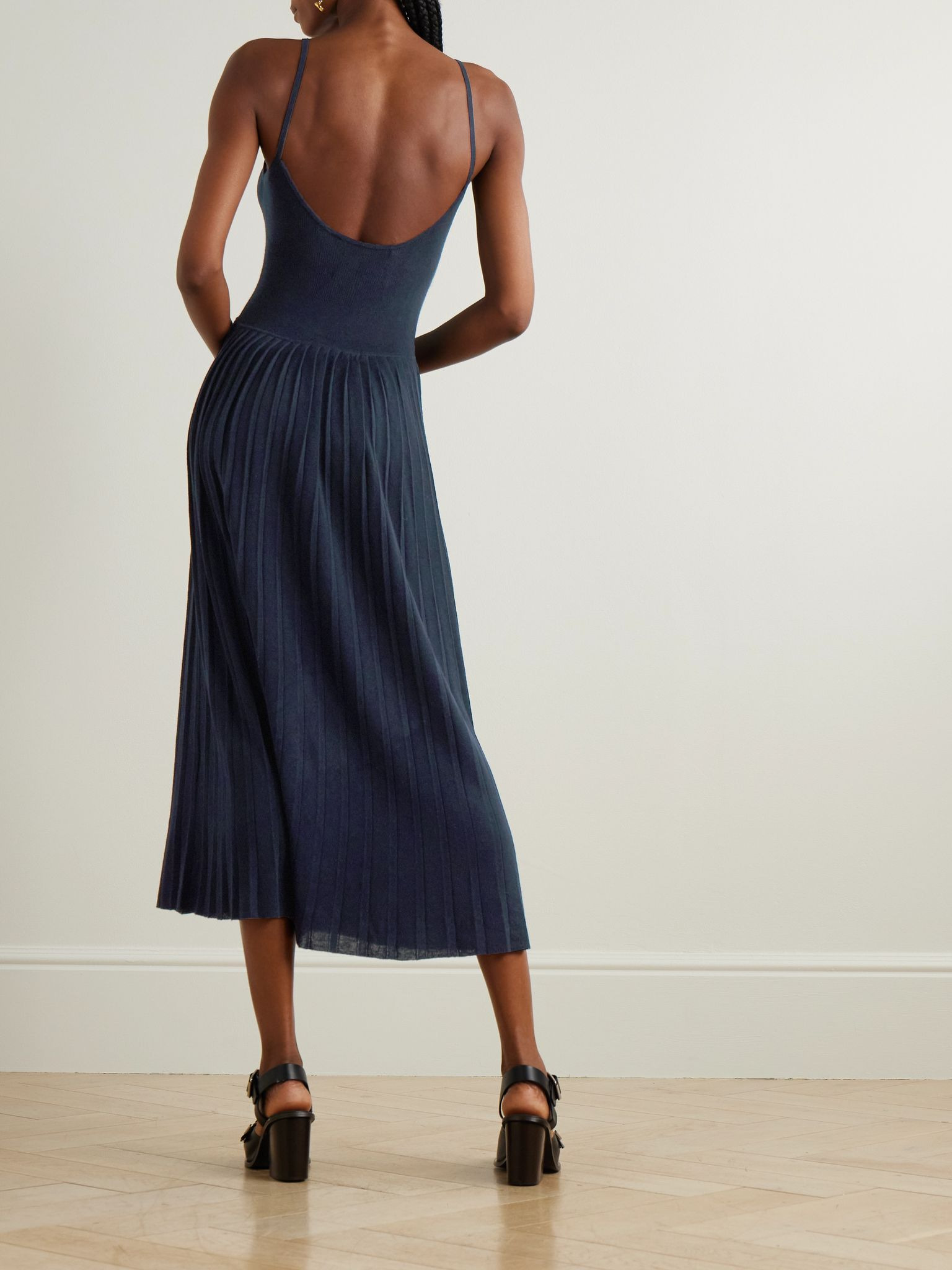 Ribbed silk and organic cashmere-blend midi dress Navy - 3