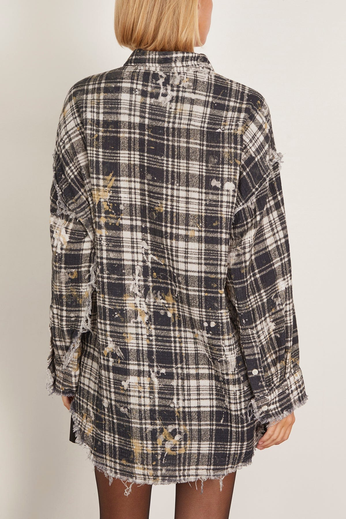 Shredded Seam Drop Neck Shirt in Black Plaid with Splatter - 4