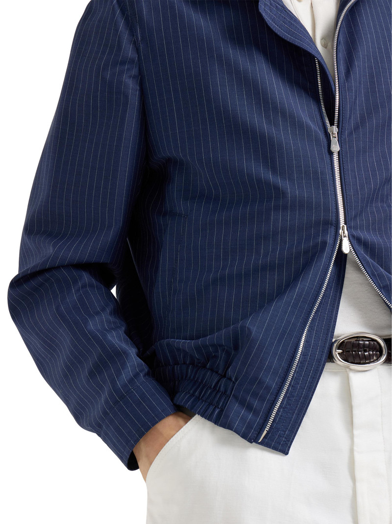 Men's Wool and Mohair Pinstripe Fresco Outerwear Jacket with Stand Collar - Blue 4