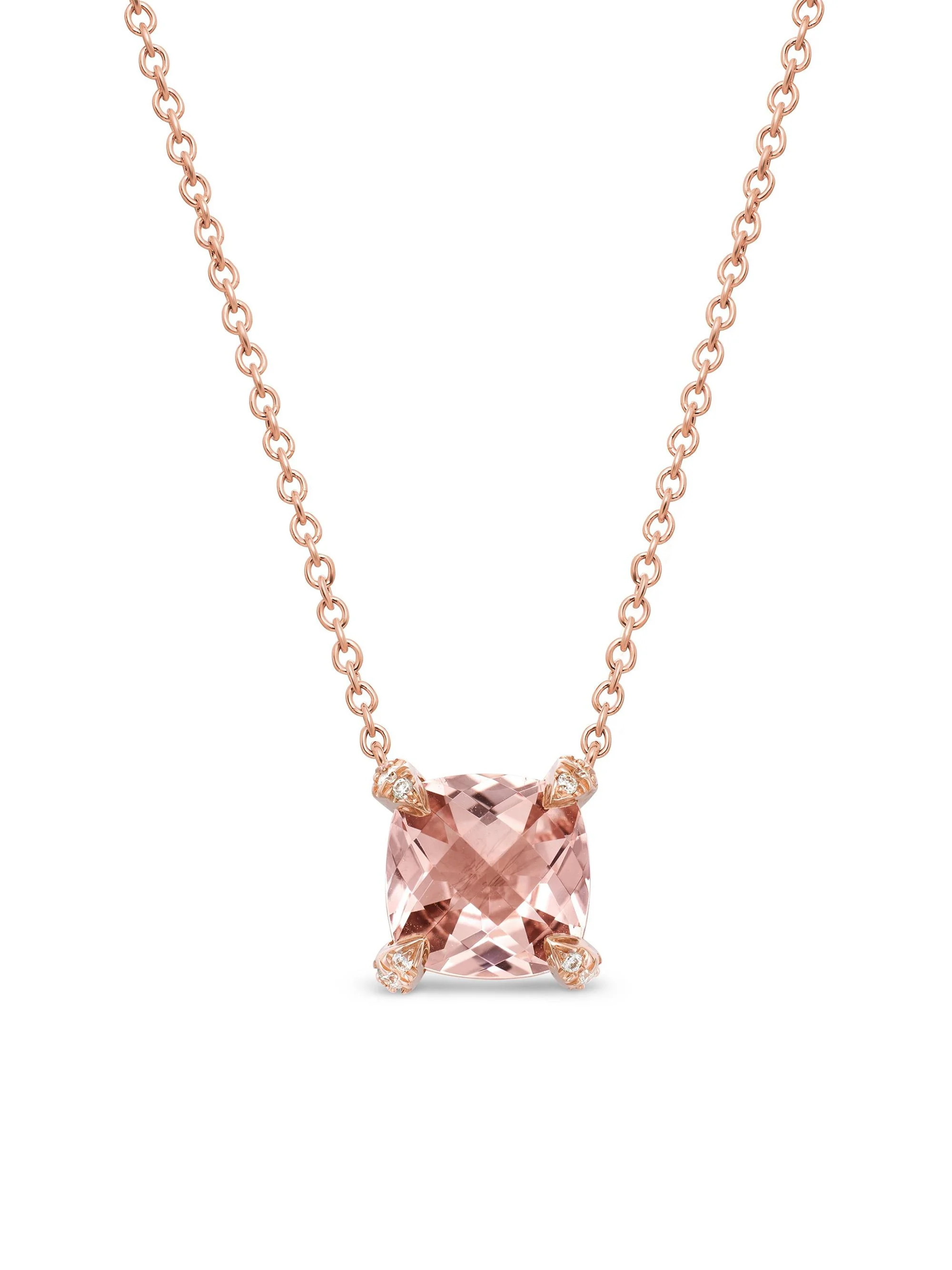 Women's Petite Chatelaine Pendant Necklace in 18K Rose Gold with Morganite and Diamonds, 7mm - Morga - 1