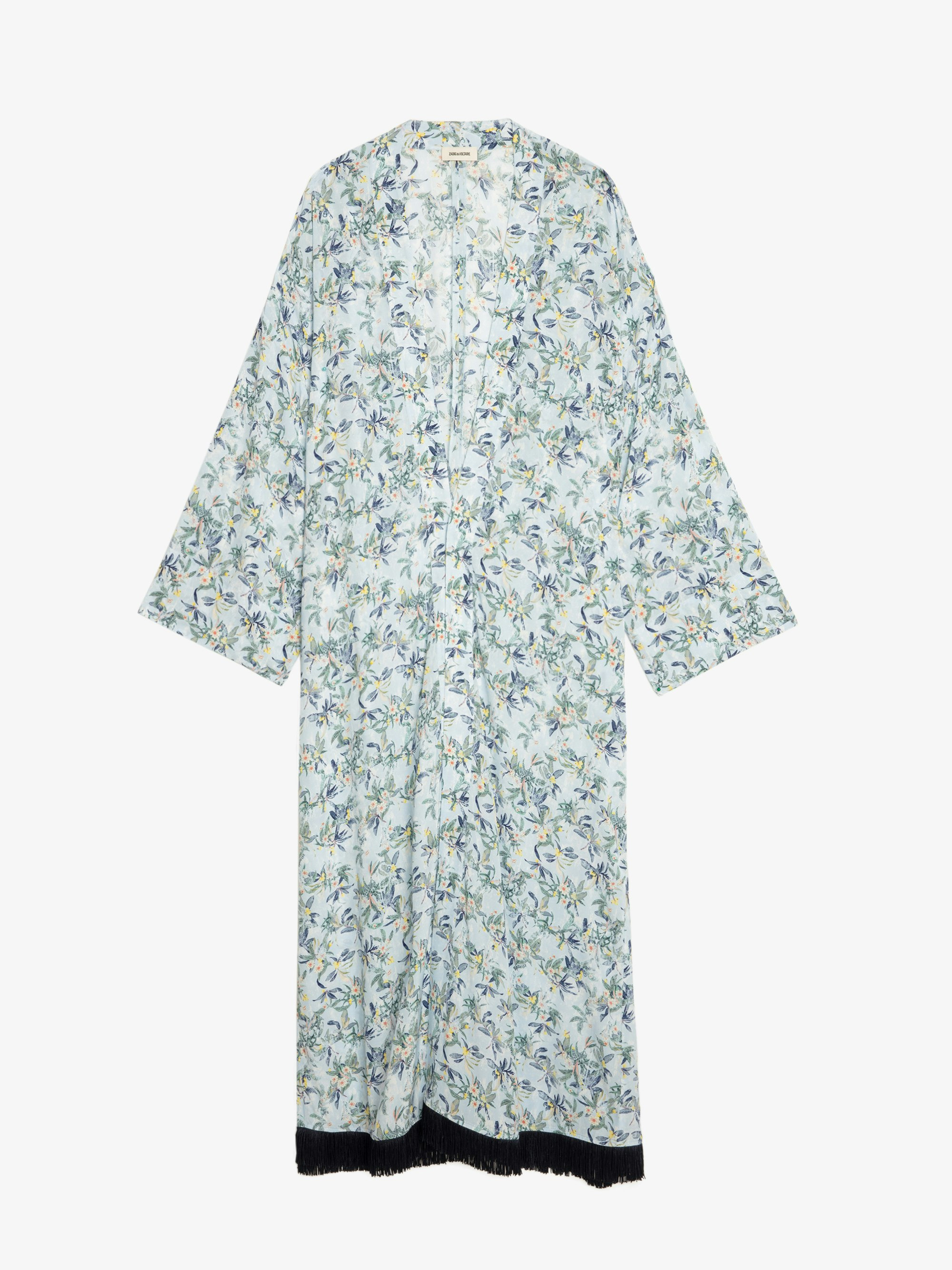 Long Viscose Floral Blue Kimono - 7