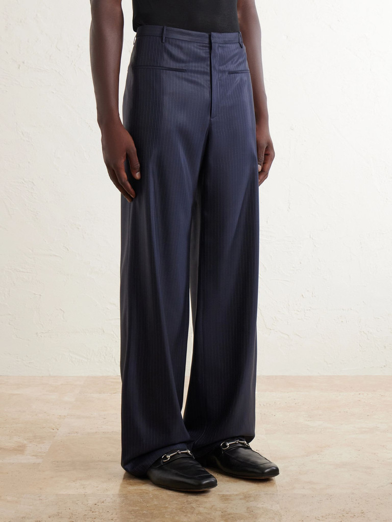 Straight-Leg Pinstriped Coated Stretch-Wool Trousers Navy 3