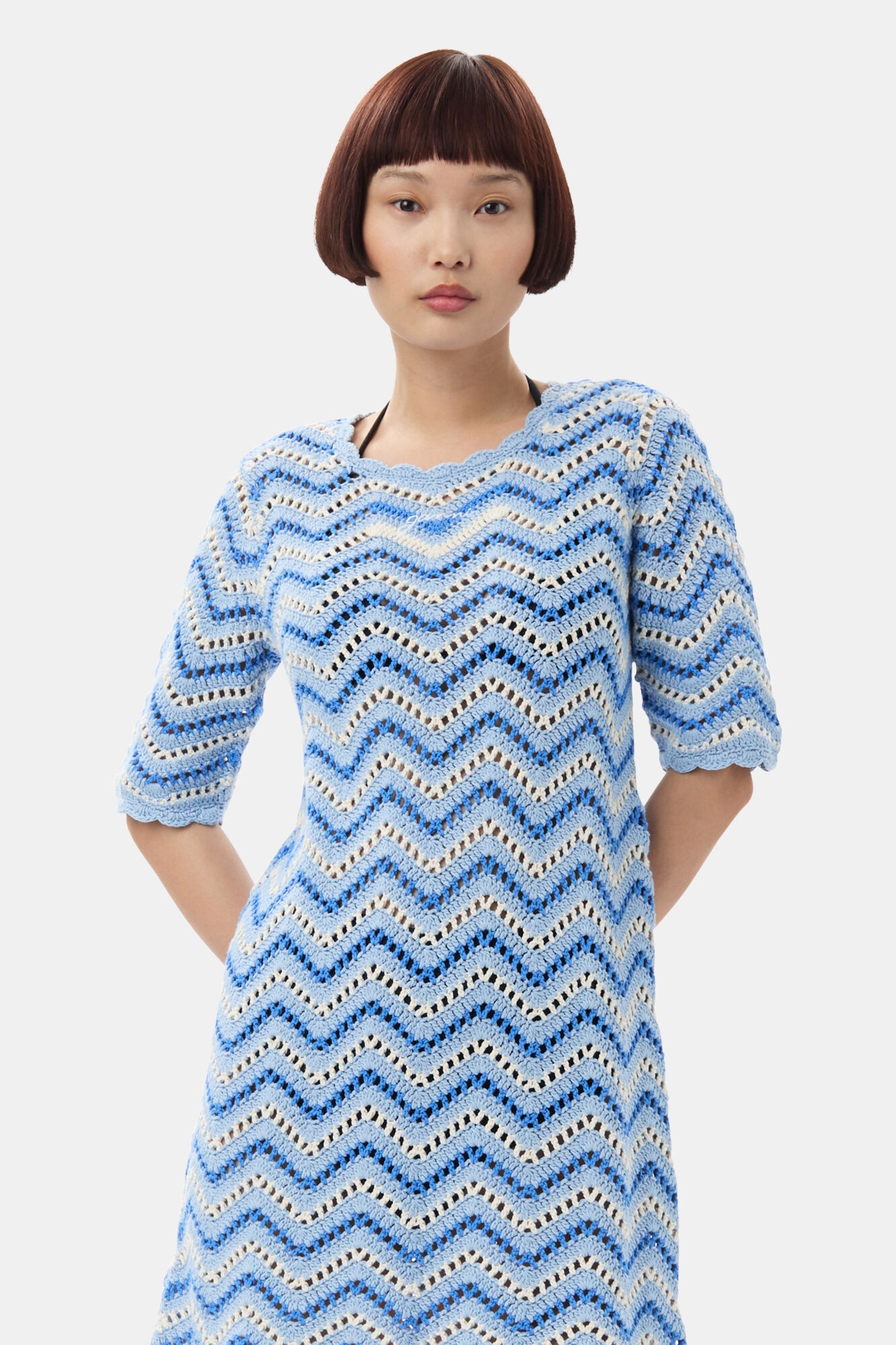 BLUE COTTON CROCHET MINI DRESS - 3