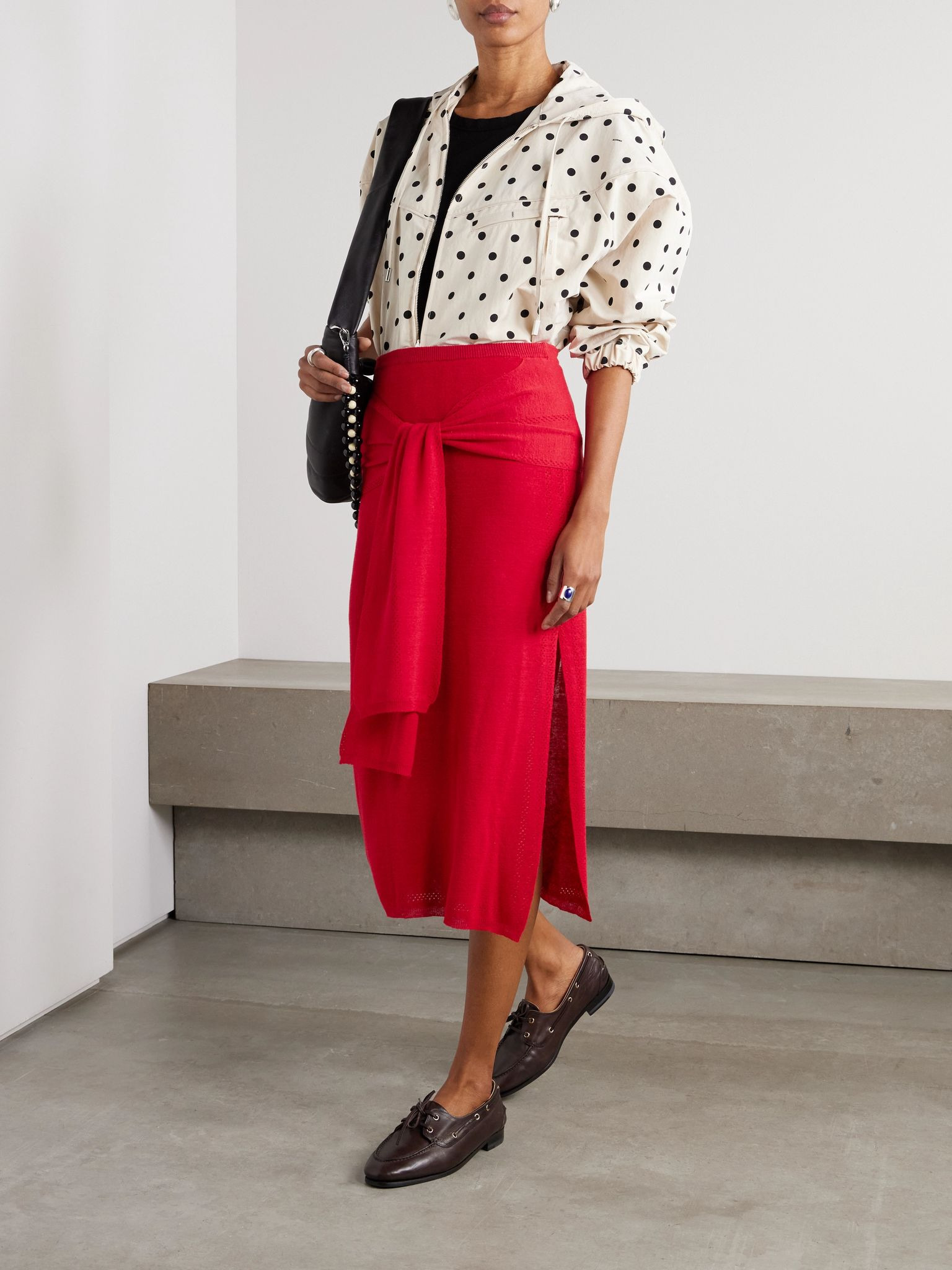 Phelan tie-front pointelle-knit linen-blend midi skirt Red - 2