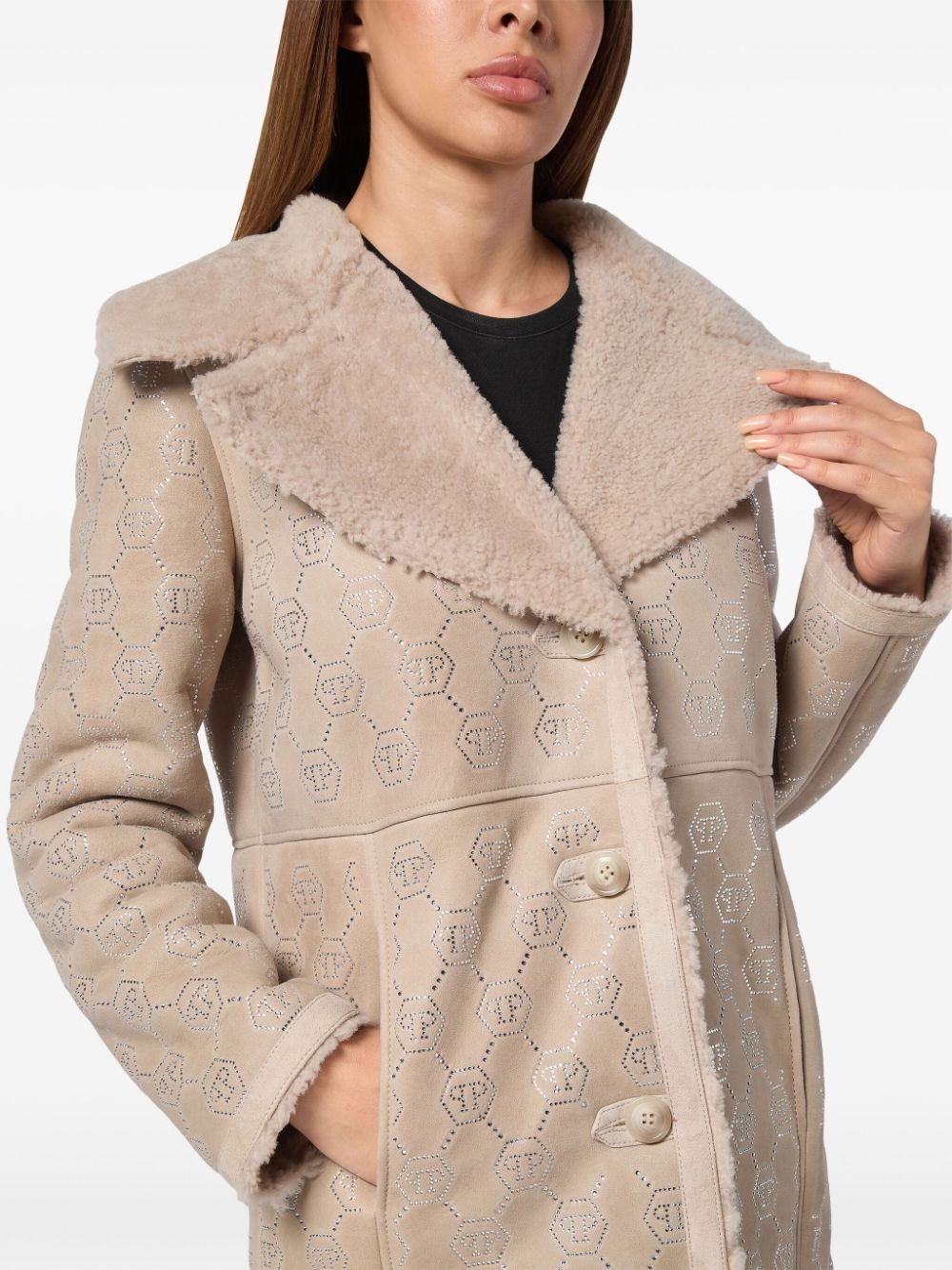 monogram-embossed shearling coat - 3