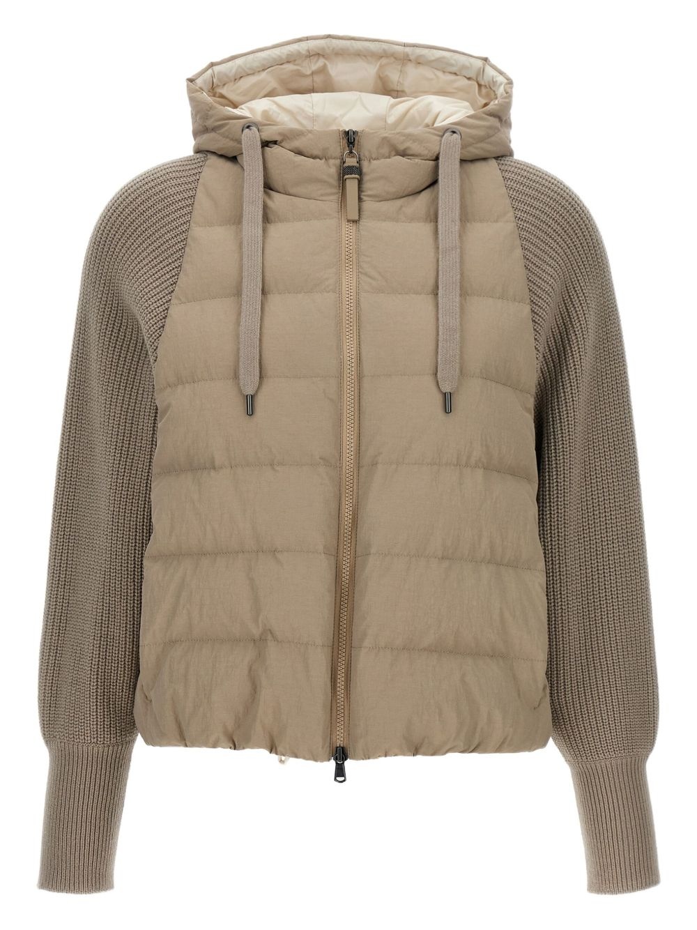 hooded knitted-sleeve puffer jacket - 1