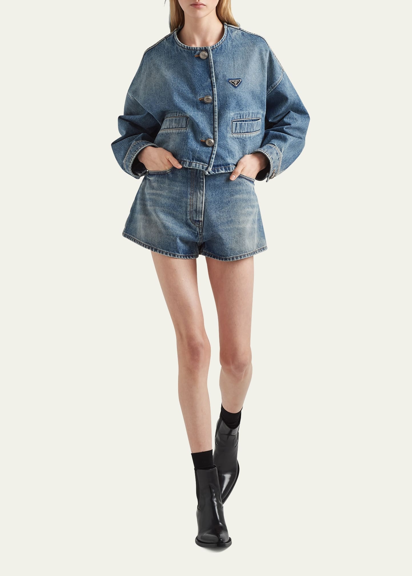 Crop Collarless Denim Jacket - 2