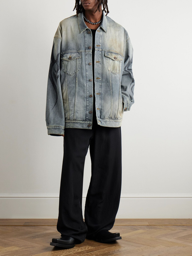 BALENCIAGA Oversized Distressed Printed Denim Jacket Blue outlook