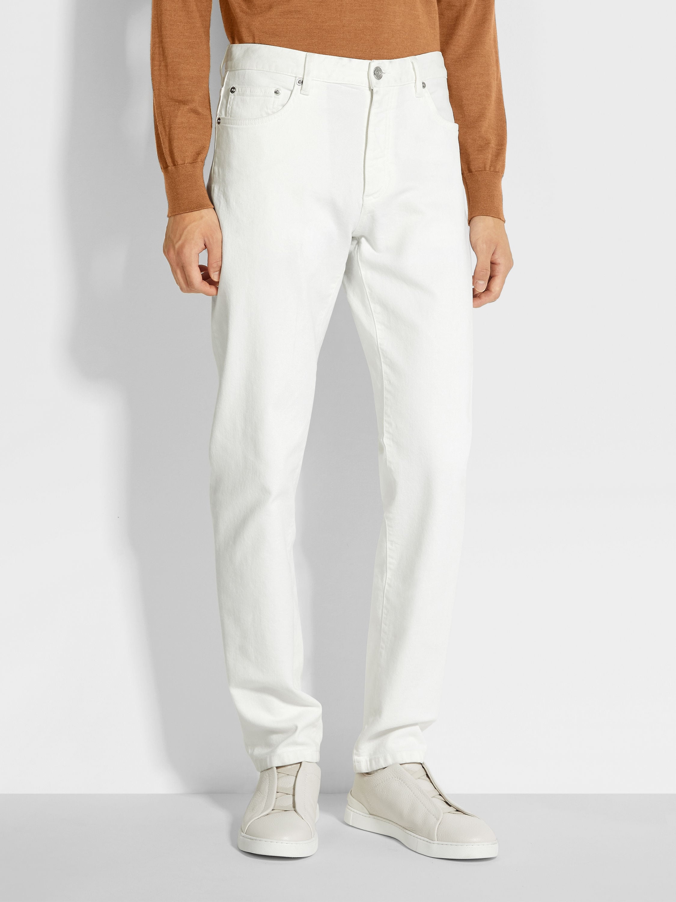 WHITE RINSE-WASHED STRETCH COTTON ROCCIA JEANS - 5