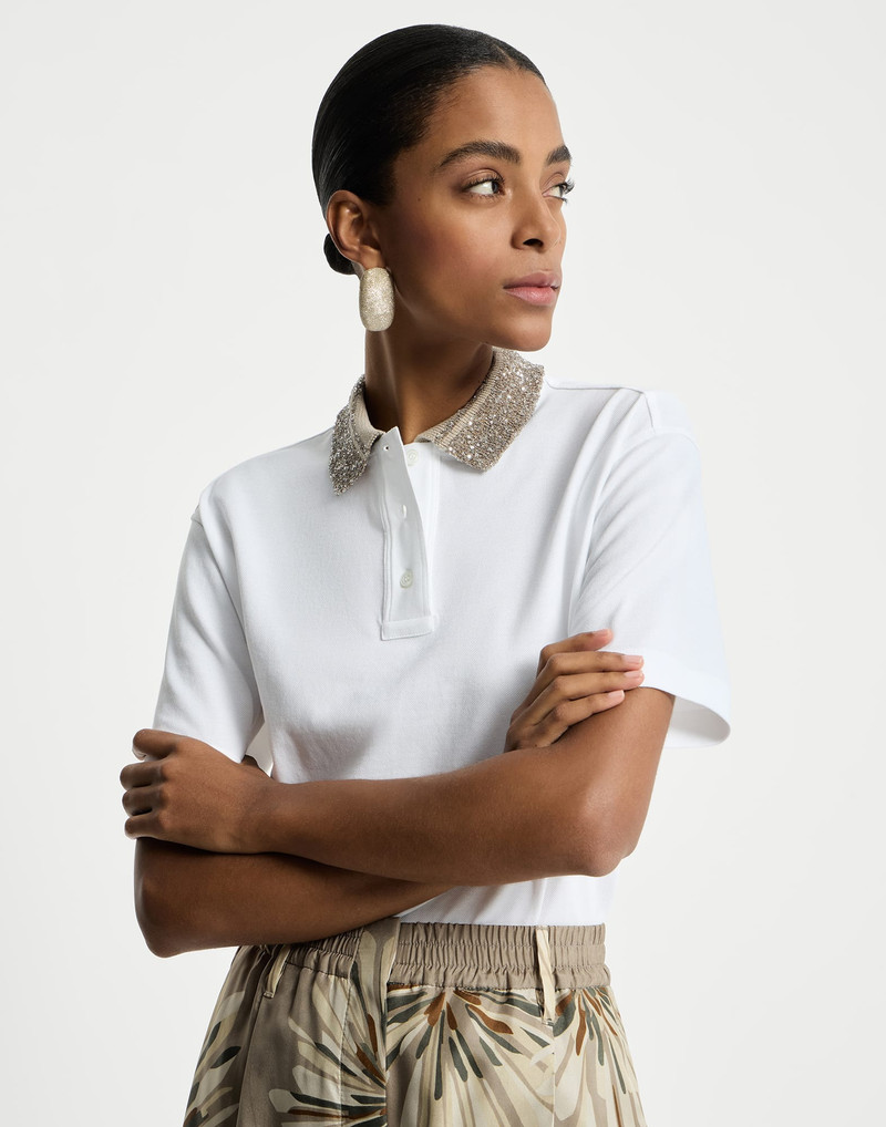 Cotton jersey polo shirt with dazzling knit collar 5