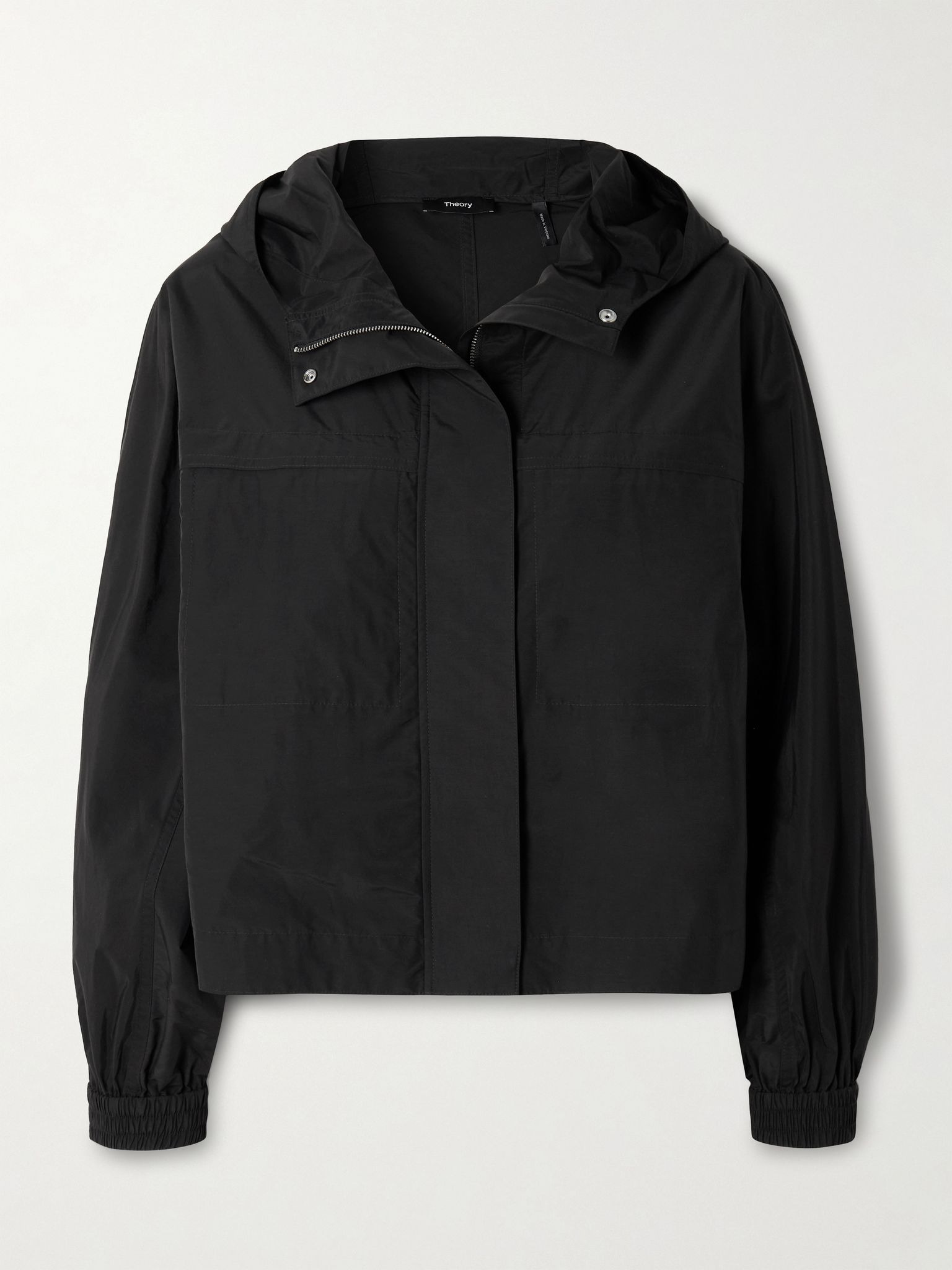 Hooded gathered cotton-blend shell jacket Black - 1