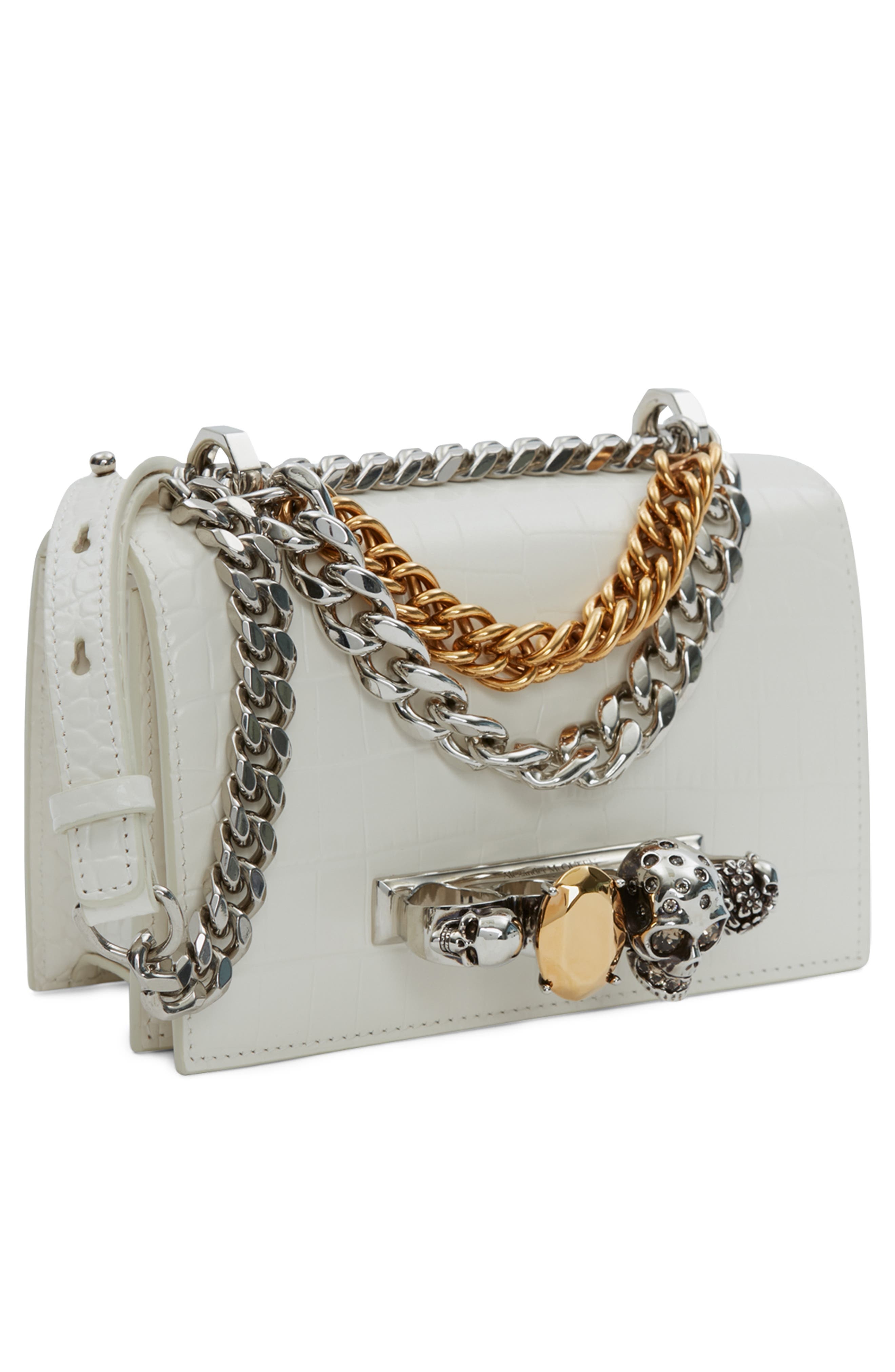 Alexander McQueen Mini Jeweled Croc Embossed Leather Satchel in 9210 Soft Ivory at Nordstrom - 4