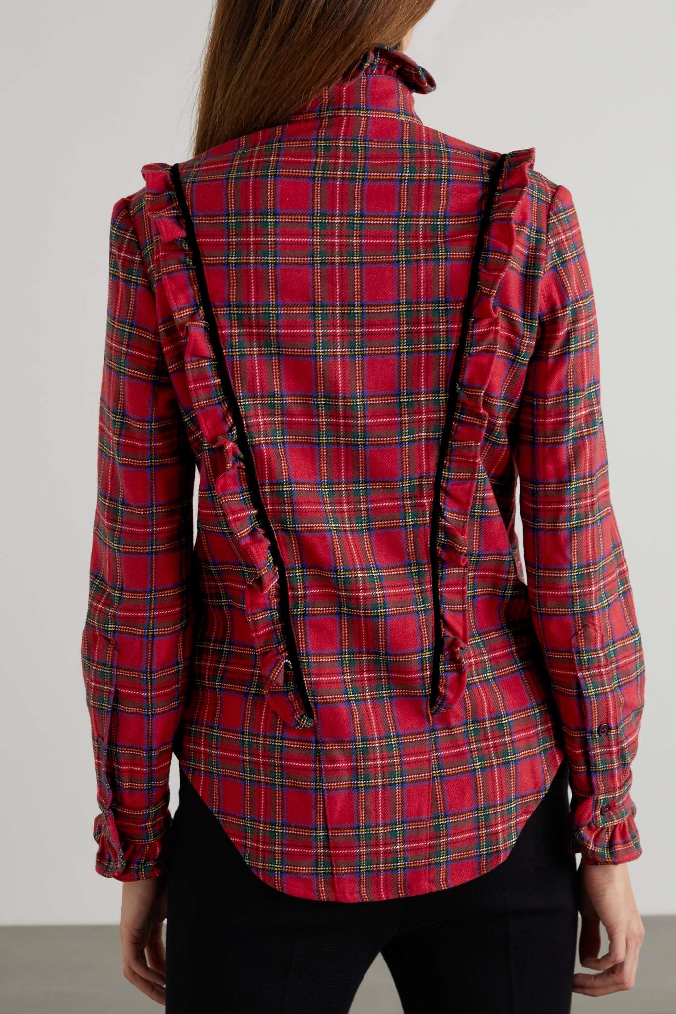 Velvet-trimmed ruffled tartan wool-blend shirt - 4