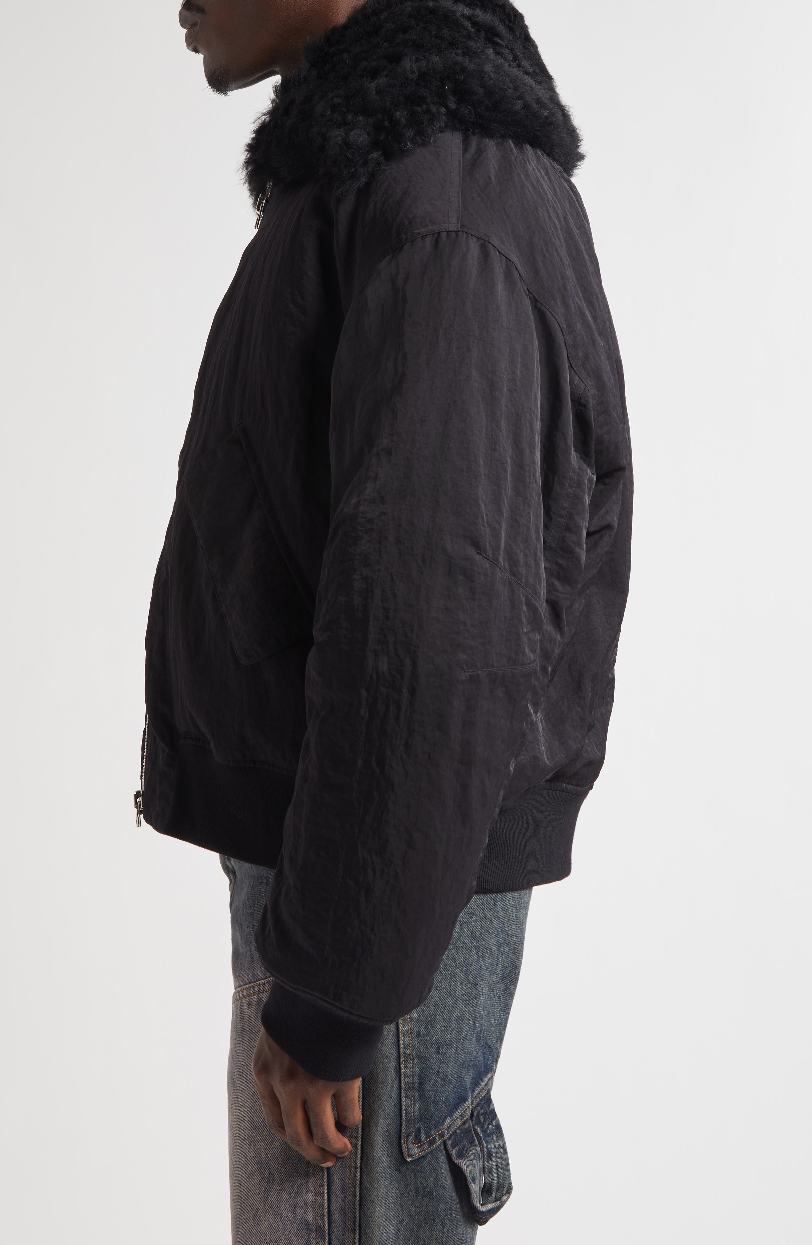 Eckhaus Latta Nylon Bomber Jacket with Genuine Shearling Collar in Asphalt at Nordstrom - 4
