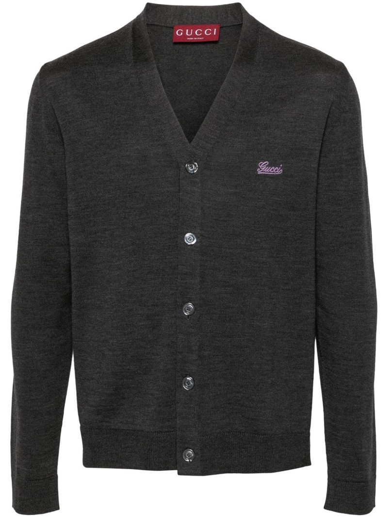 logo-embroidered wool cardigan 1