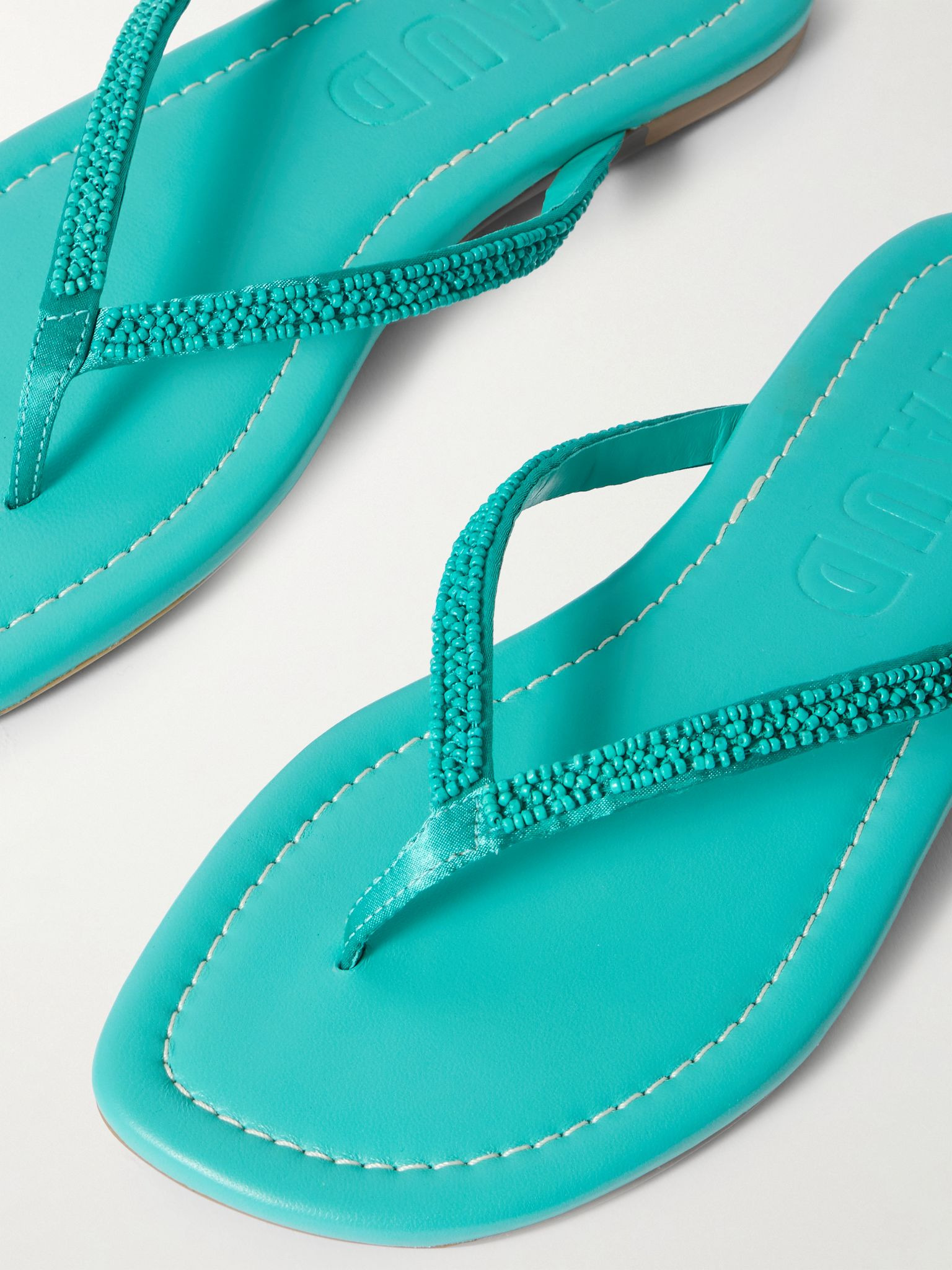 Freja beaded satin-trimmed leather flip flops Teal - 4