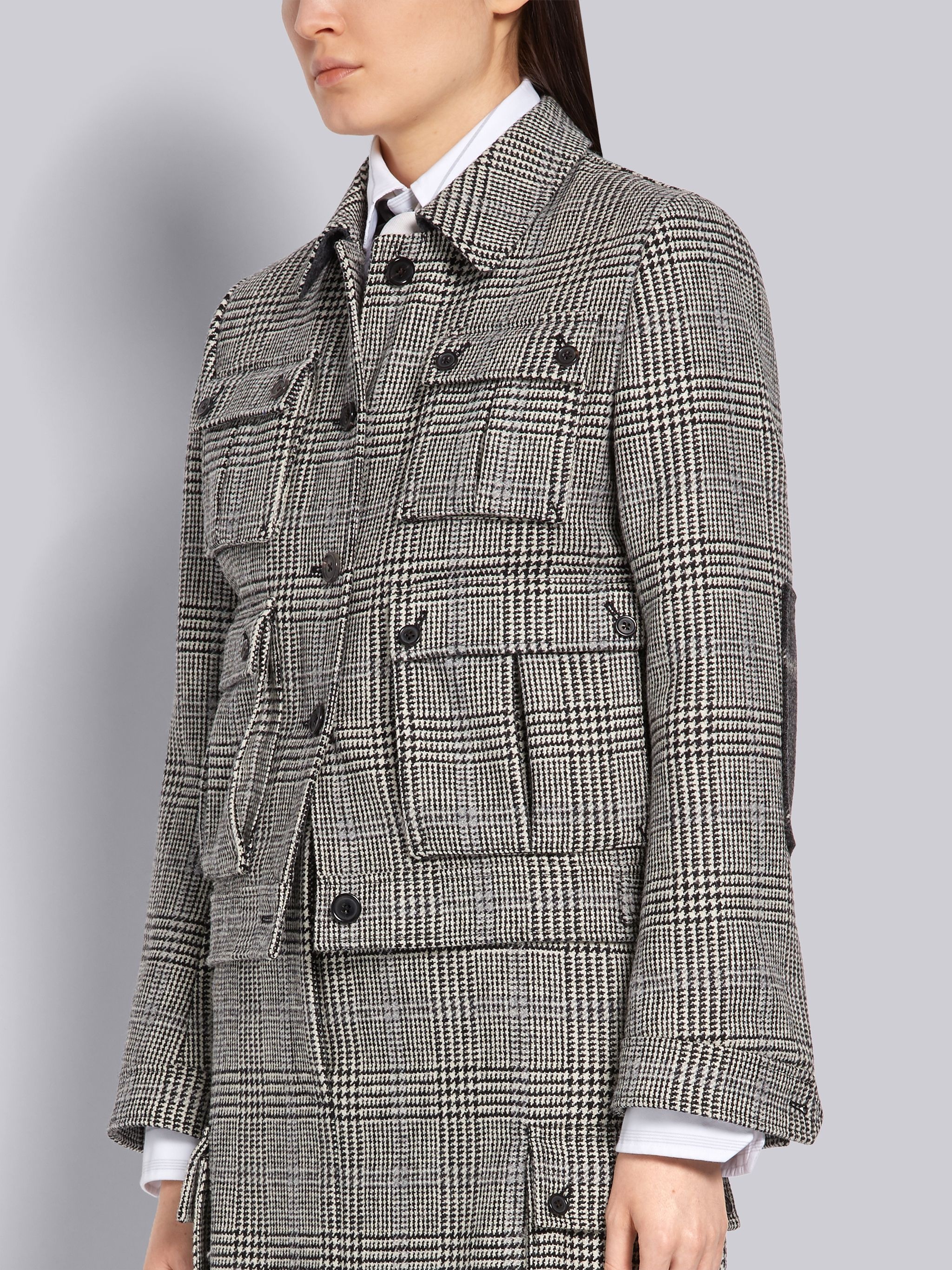 Black and White Prince of Wales Hunting Wool Tweed Unconstructed 4-Pocket Harrington Jacket - 2