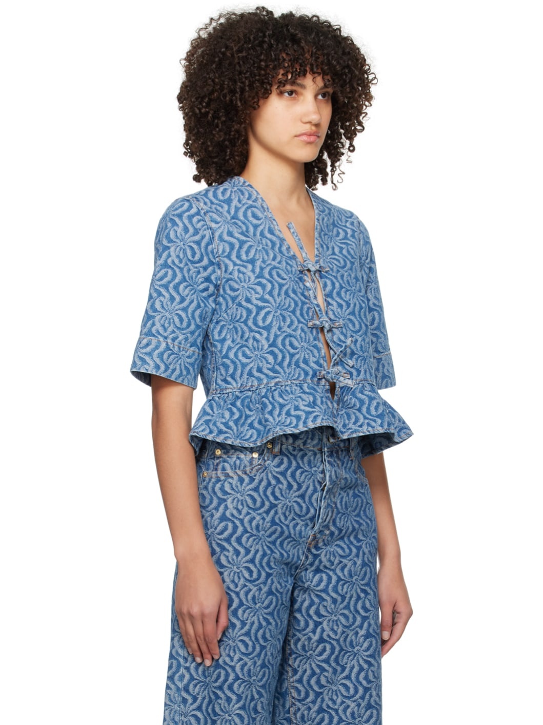 Blue Jacquard Denim Blouse - 2