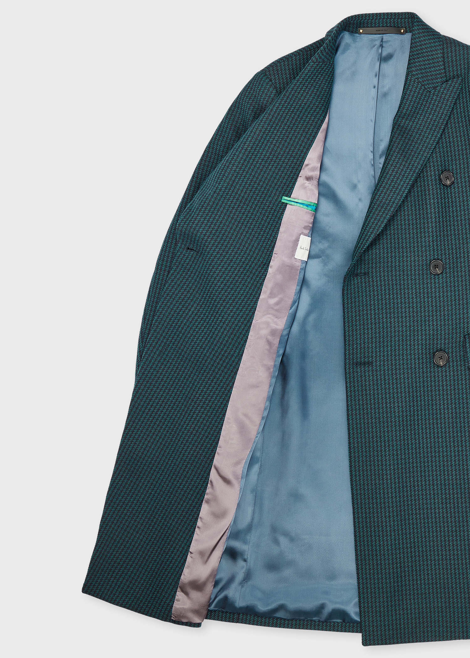 Navy and Teal Houndstooth Wool-Blend Double Breasted Overcoat - 4