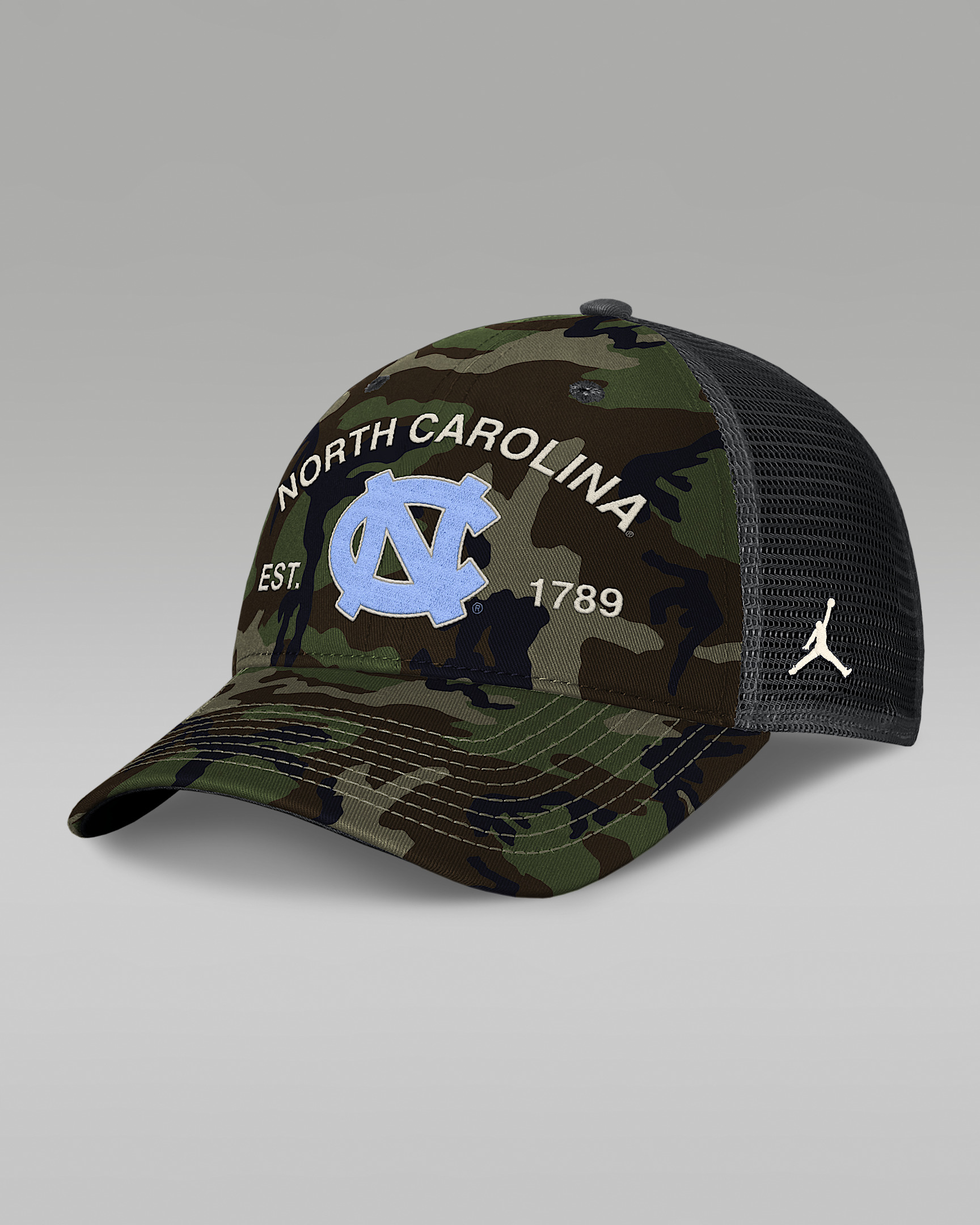North Carolina 2025 Military Appreciation Rise Men's Jordan Brand College Trucker Adjustable Hat - 1