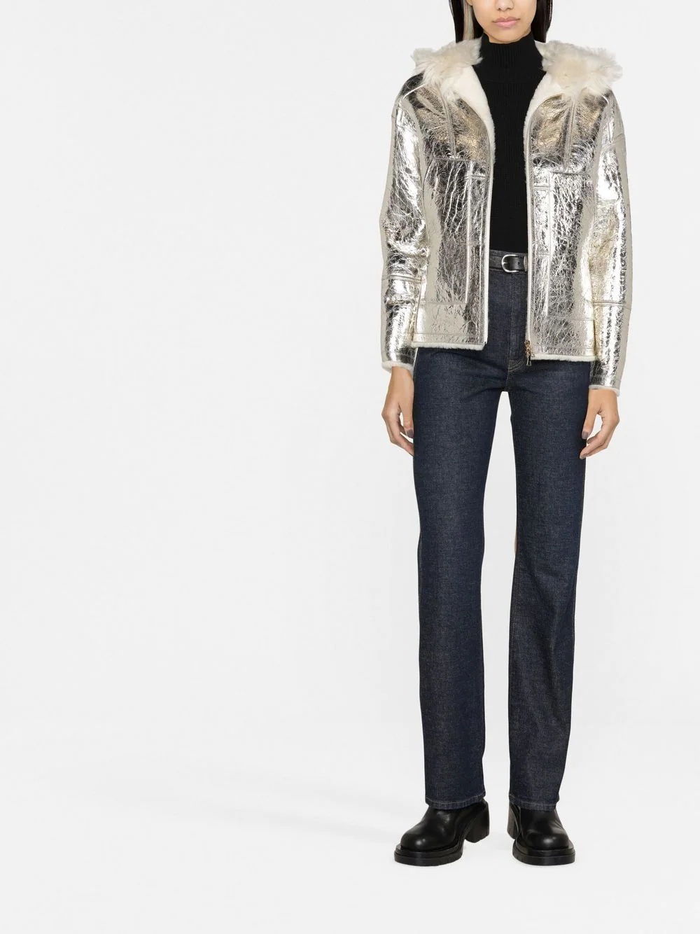 metallic-effect zip-up leather jacket - 2