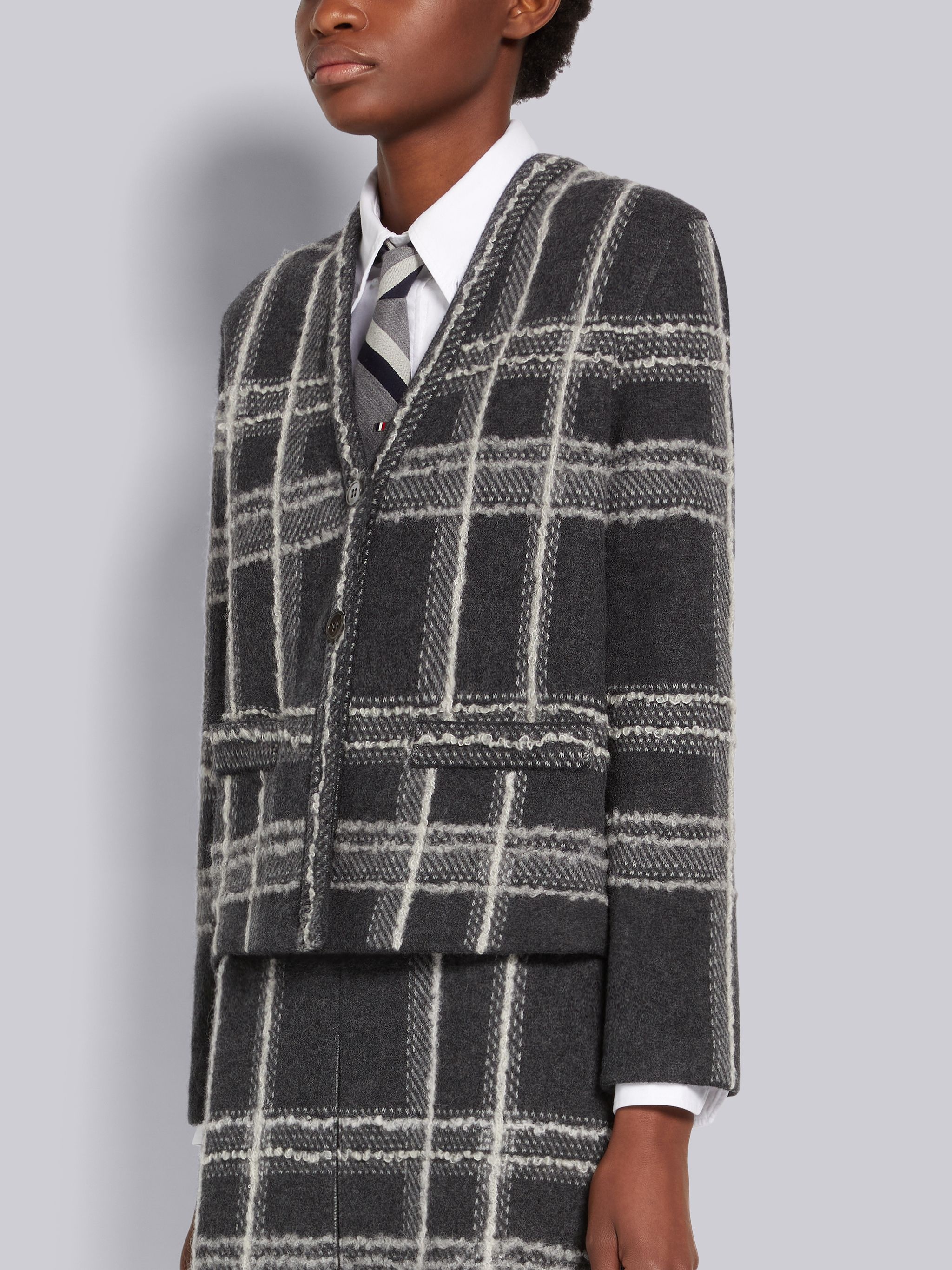 Dark Grey Hairline Madras Check Jacquard Boiled Wool Back Inlay V-Neck Cardigan - 2