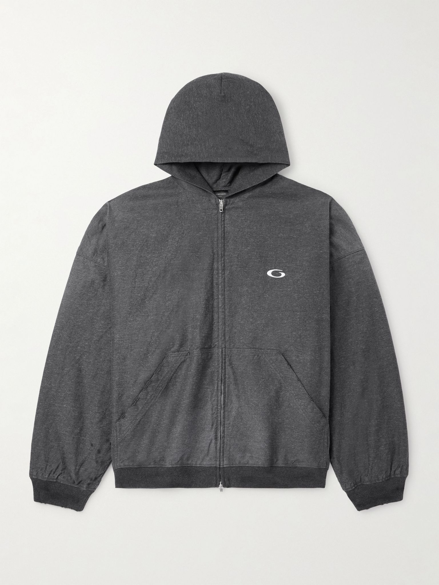 Logo-Embroidered Printed Denim Zip-Up Hoodie Gray - 1