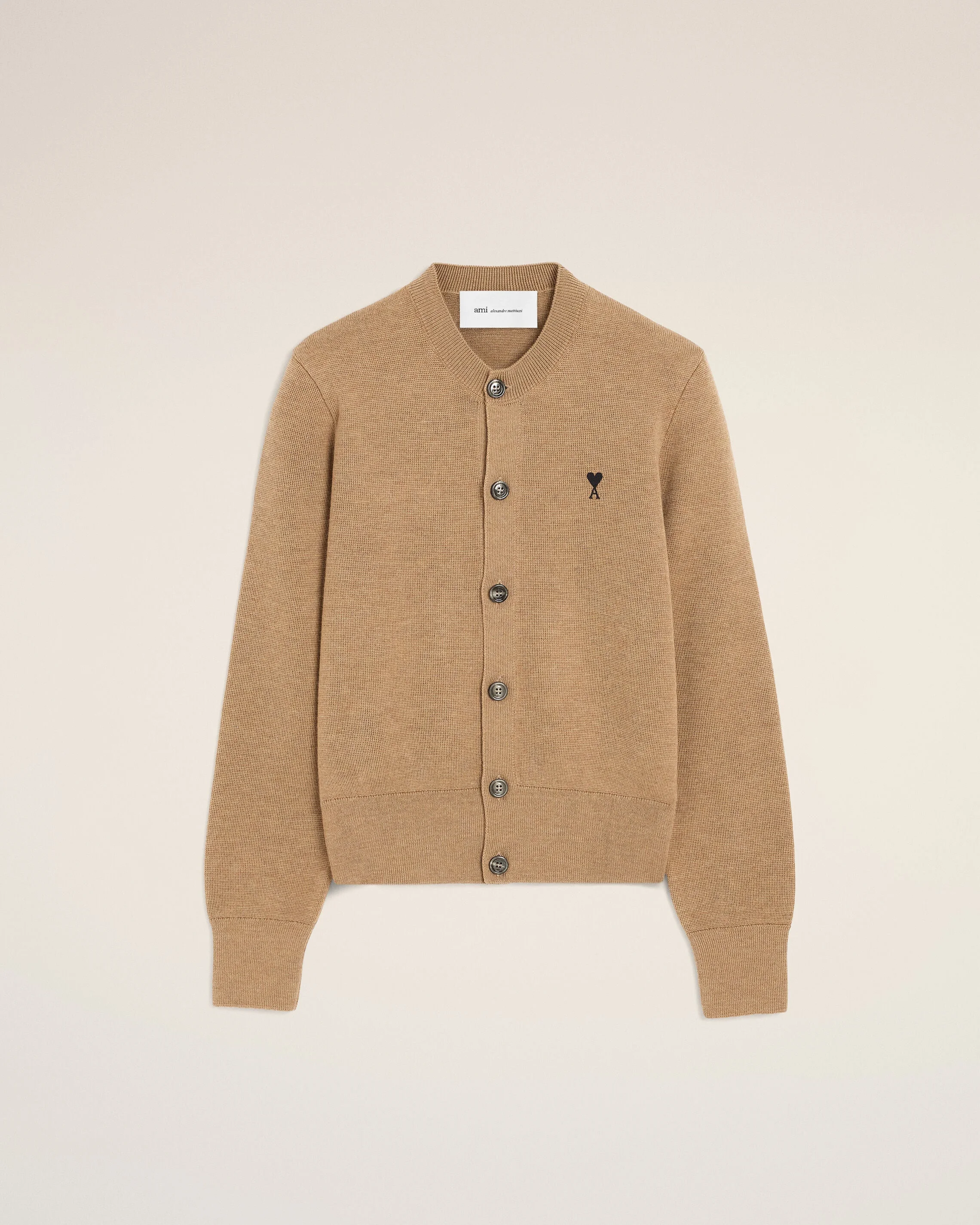 BEIGE CREWNECK WOOL CARDIGAN WITH AMI DE COEUR - 1