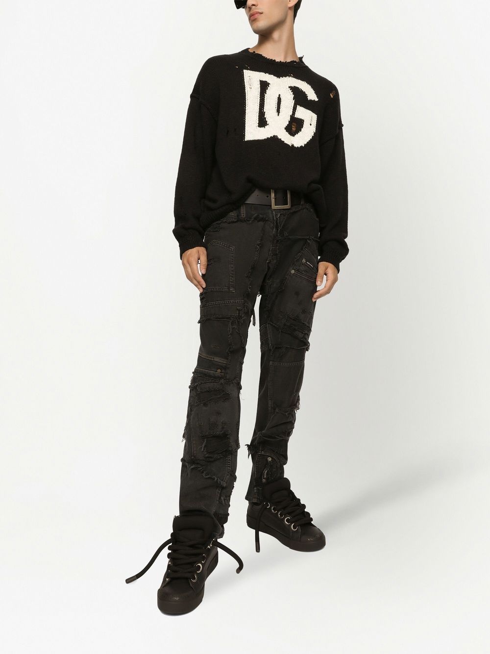 ripped-detail intarsia-knit logo sweater - 2
