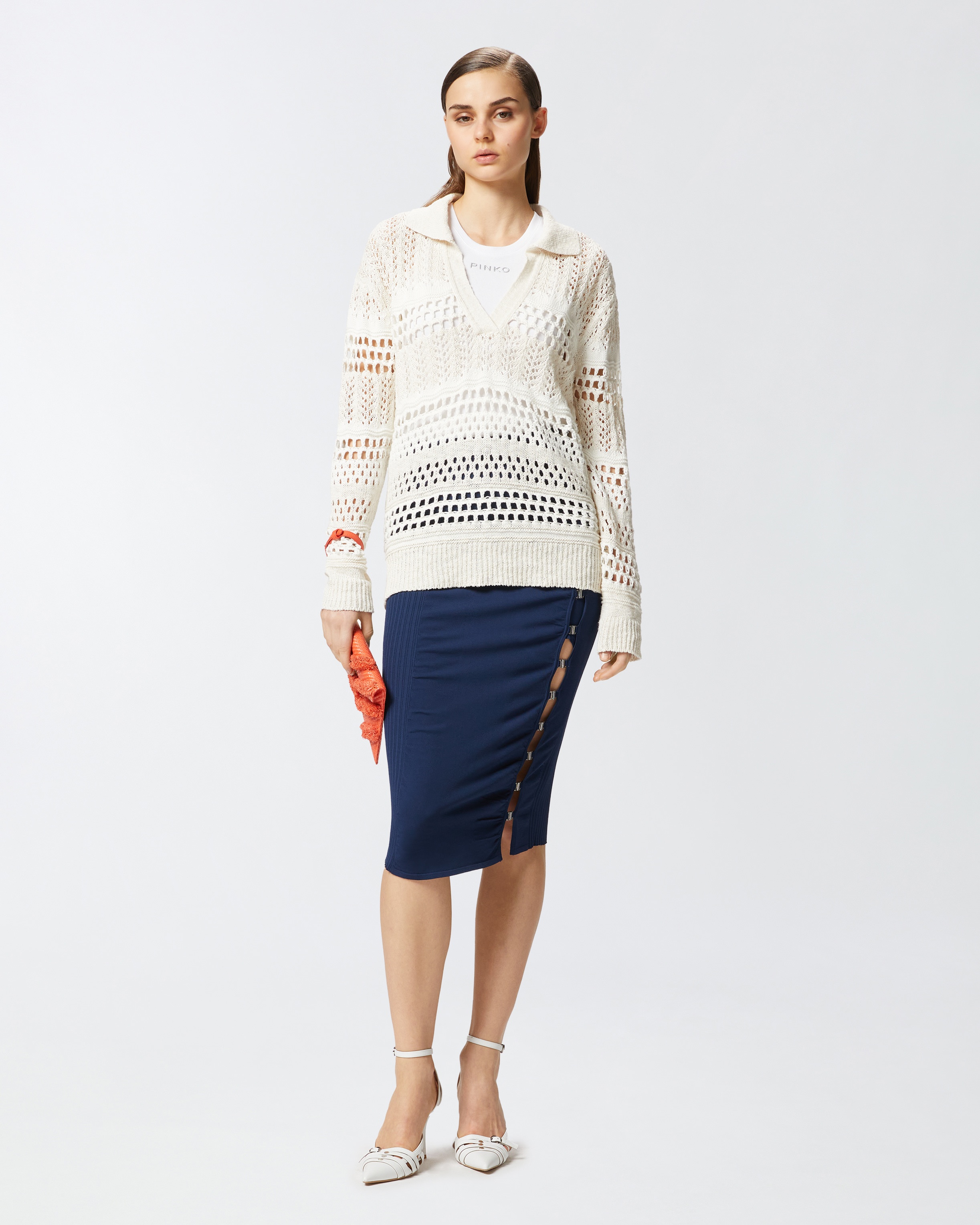PERFORATED COTTON SWEATER WITH COLLAR - 3