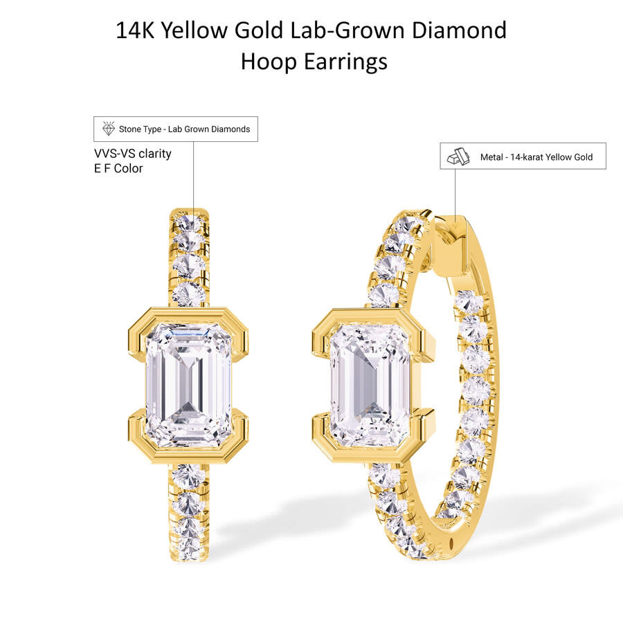 Diamond2Deal - Diamond2Deal 14k Yellow Gold 2.75 Ct Radiant Cut Lab Grown Diamond Hoop Earrings VVS-VS, E-F - 3