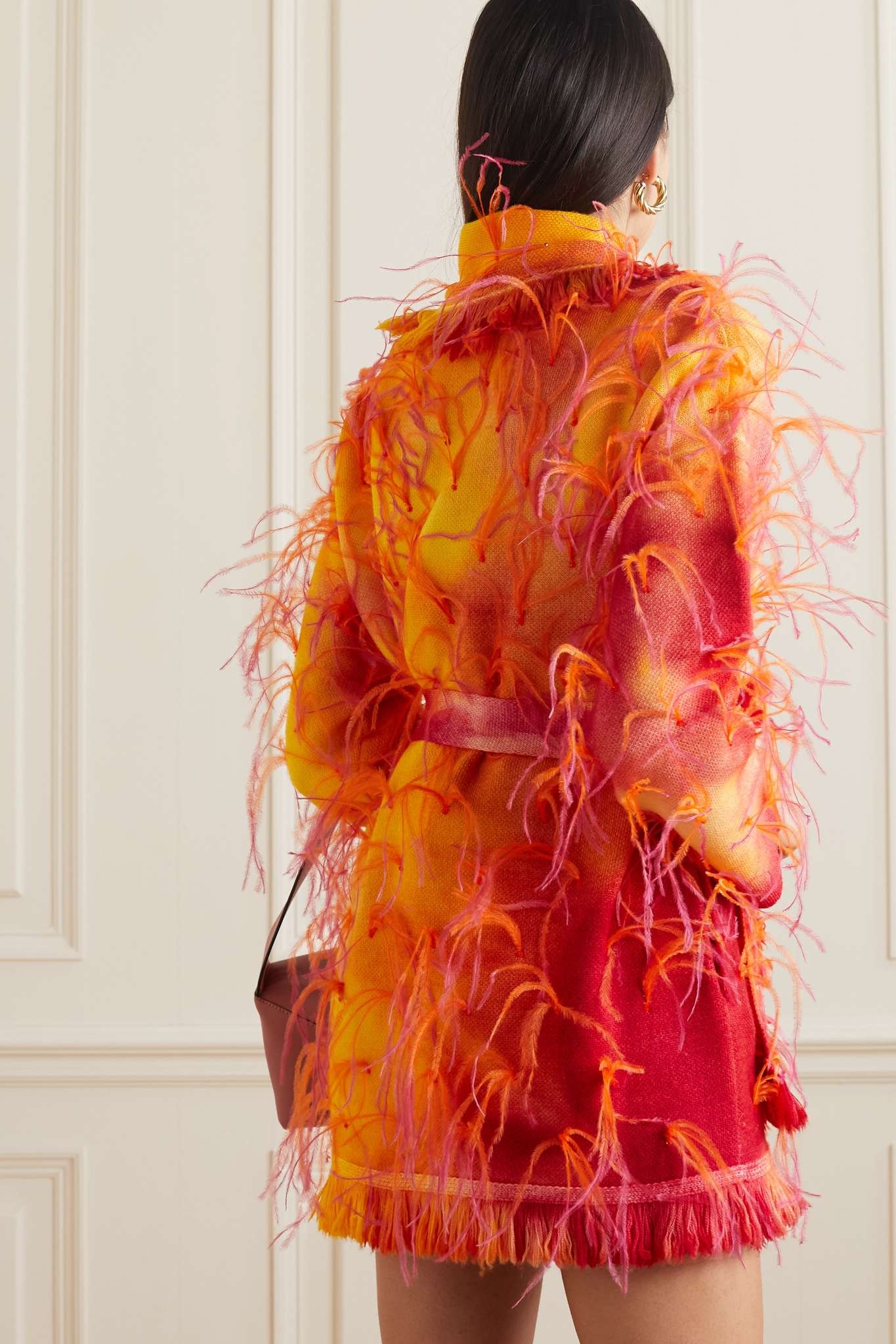 Sunset belted feather-trimmed tie-dyed wool cardigan - 4