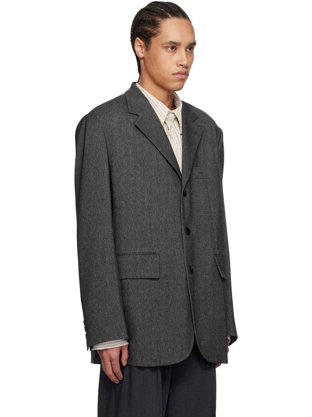 Gray Denim Like Single Blazer - 2