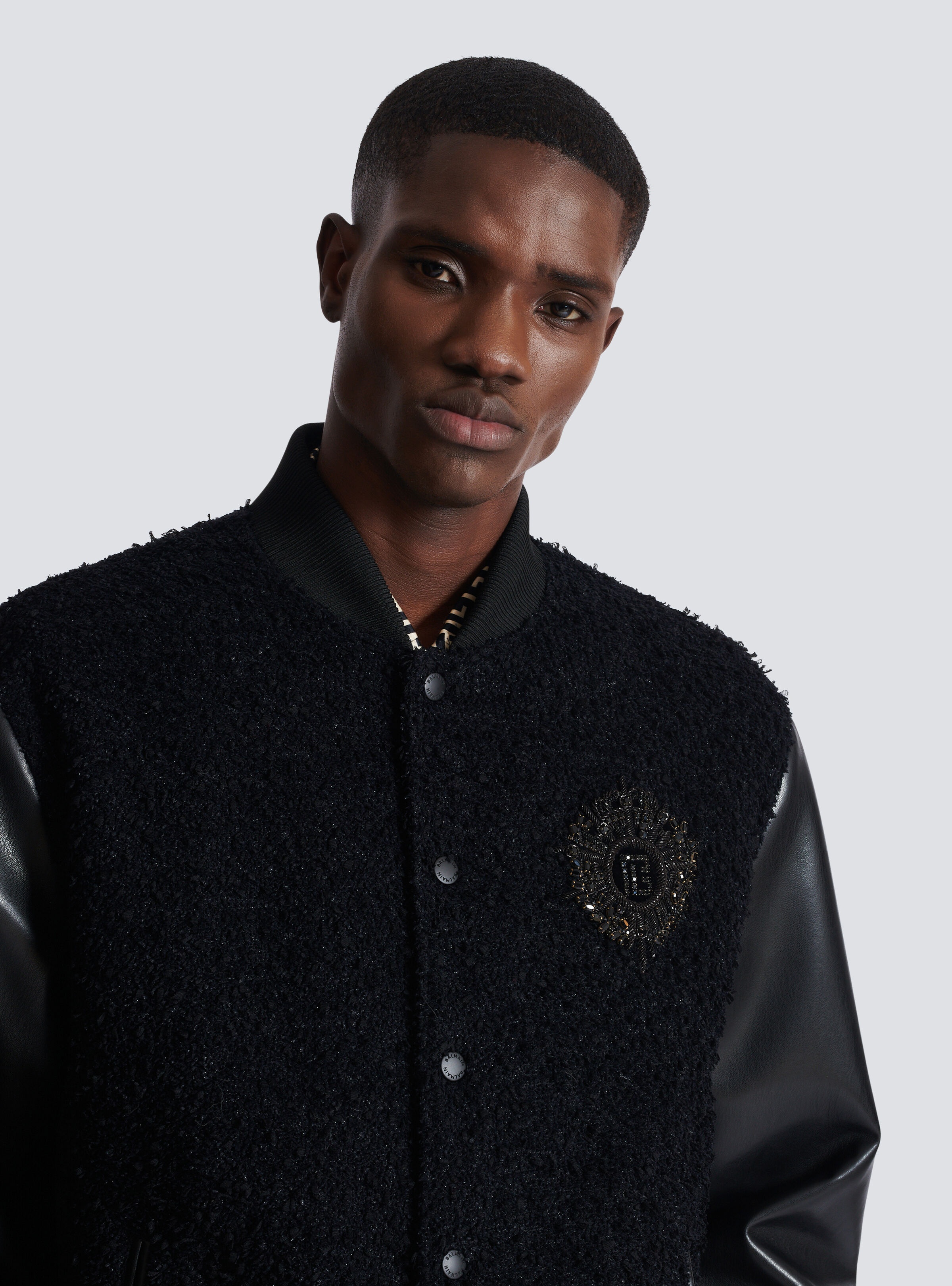 Varsity tweed and faux leather jacket - 7
