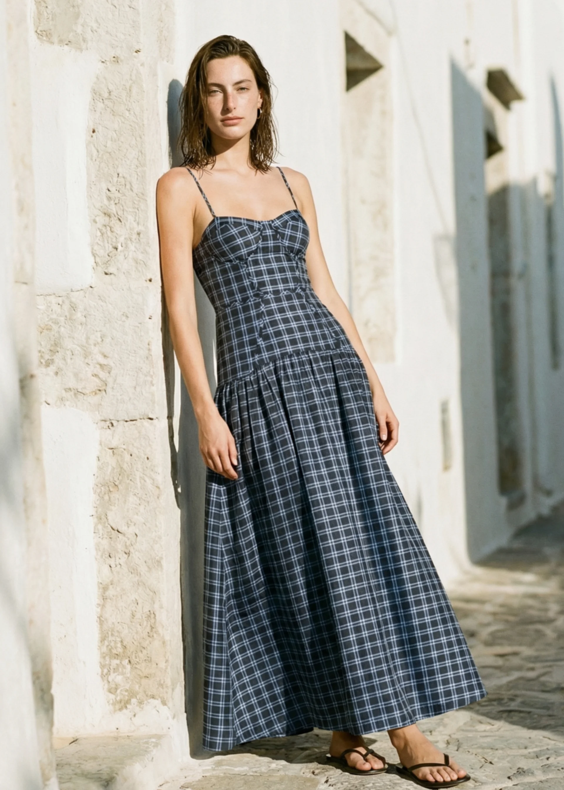 PALERMO COTTON MAXI DRESS NAVY PLAID - 1