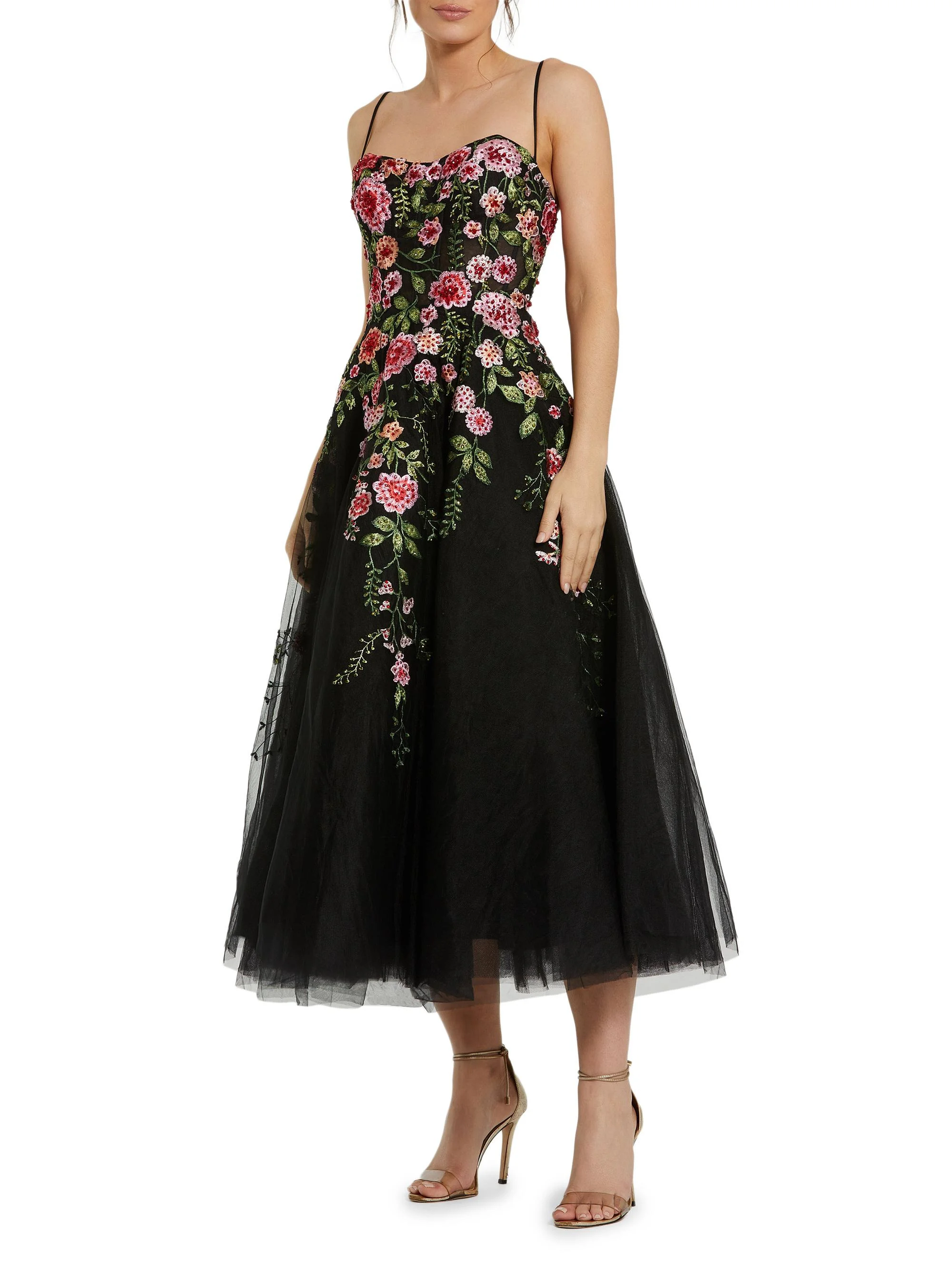 Women's Cocktail Floral Embroidered Tulle Midi-Dress - Black Multi - 1