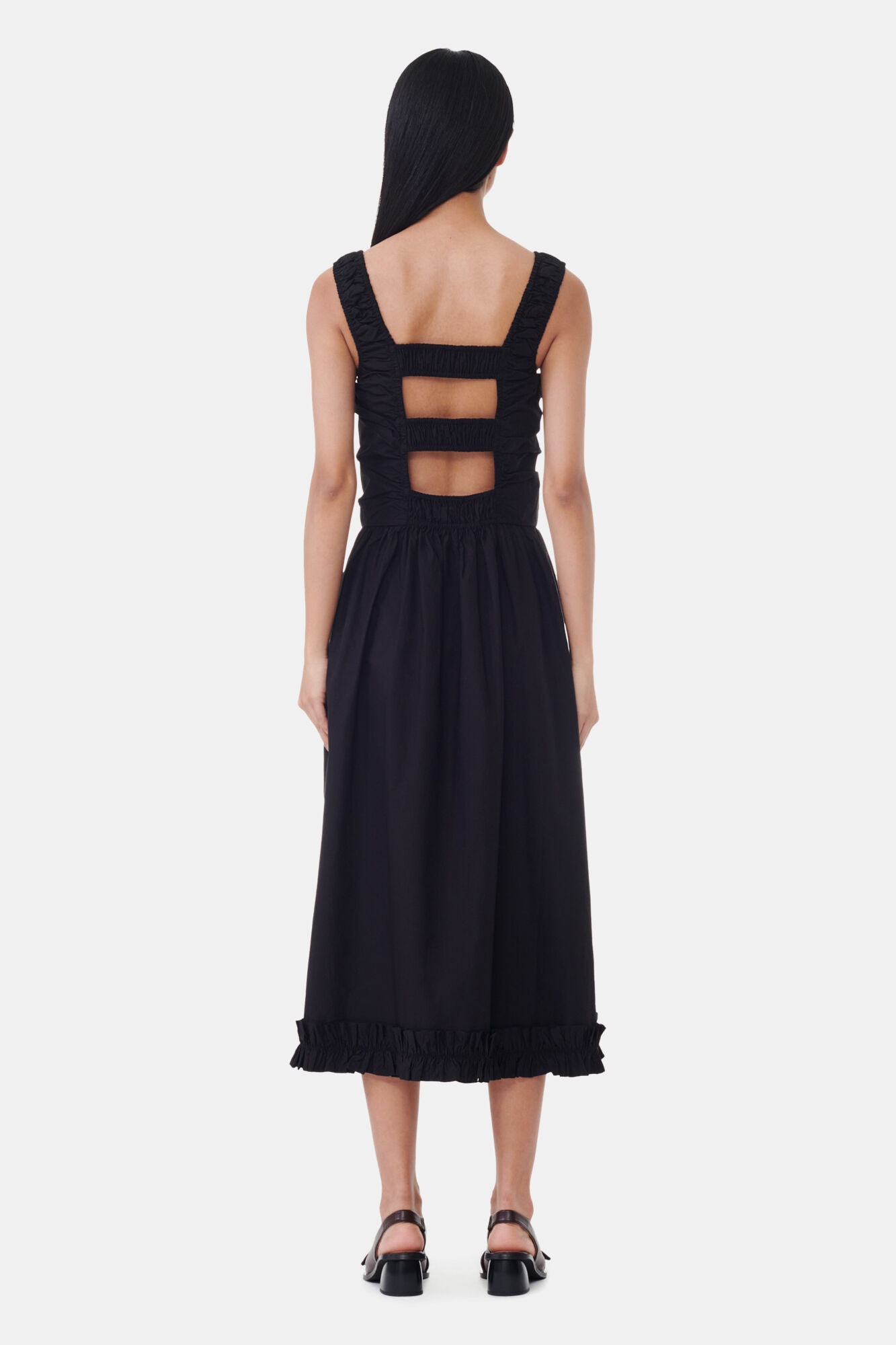 BLACK COTTON POPLIN MIDI STRAP SMOCK DRESS - 5