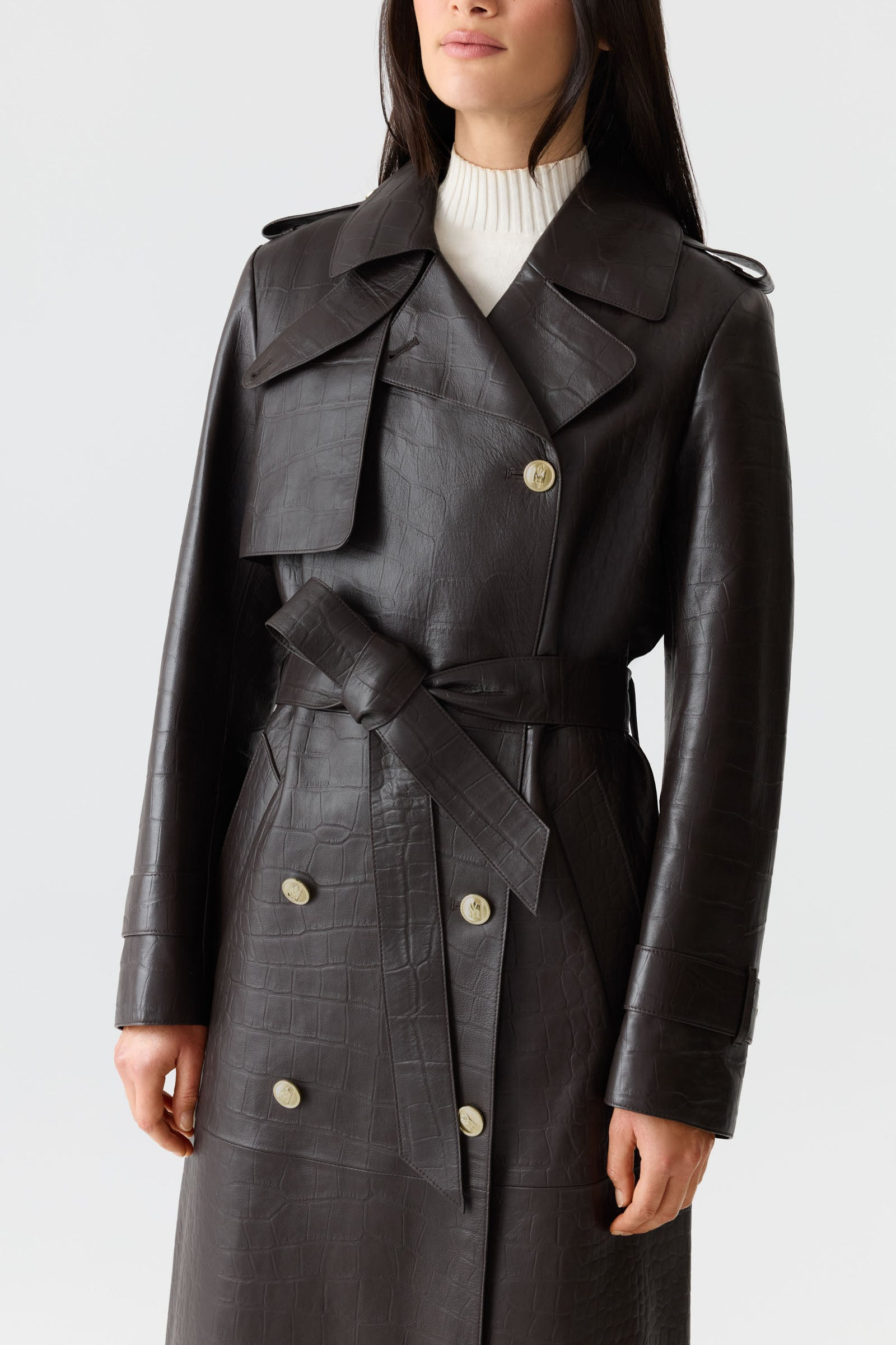 GAEL-NV Croc-Embossed Maxi Leather Trench Coat - 4