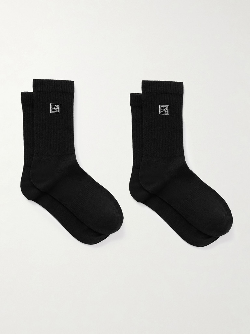 Embroidered ribbed cotton-blend socks Black 1