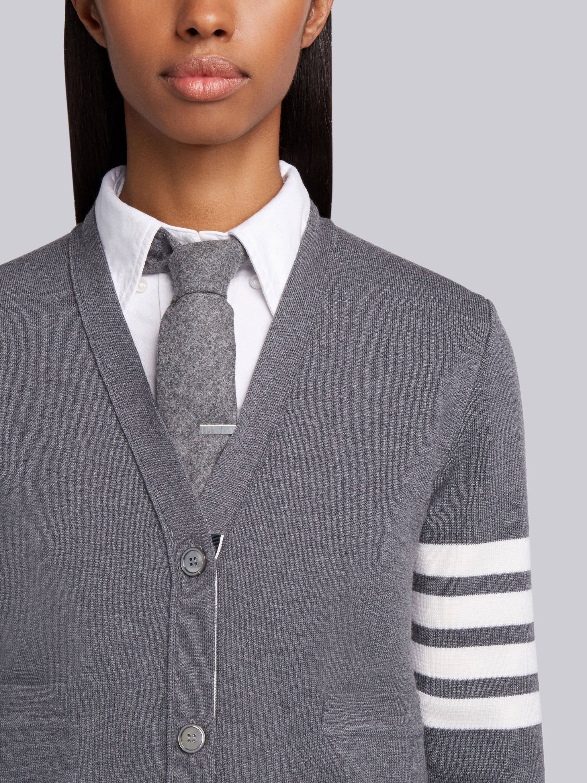 Medium Grey Milano Stitch Fine Merino Wool 4-bar V-neck Cardigan - 5