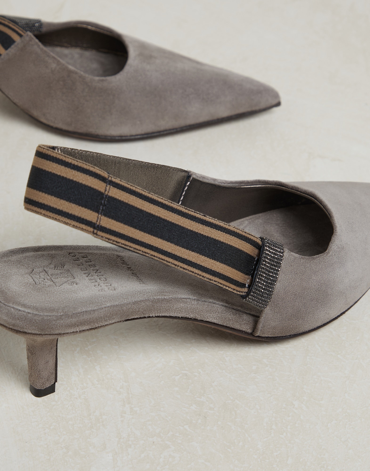 Suede heels with striped strap and monili - 4
